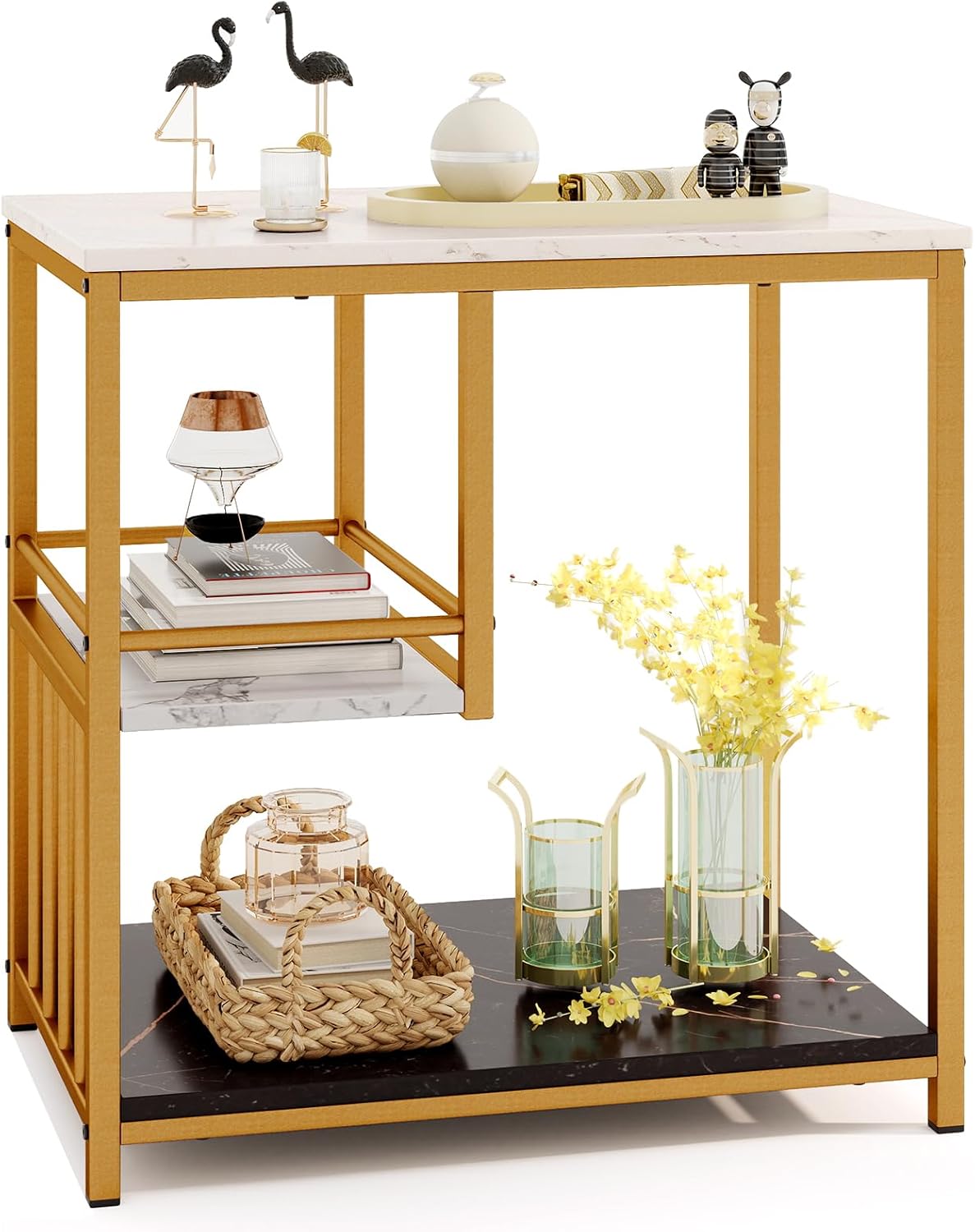GOFLAME Faux Marble End Table, 3-Tier Sofa Side Table with Storage Shelves, Golden Polished Steel Frame, Black & White Faux Marble, Rectangular, Modern Nightstand for Living Room, Bedroom