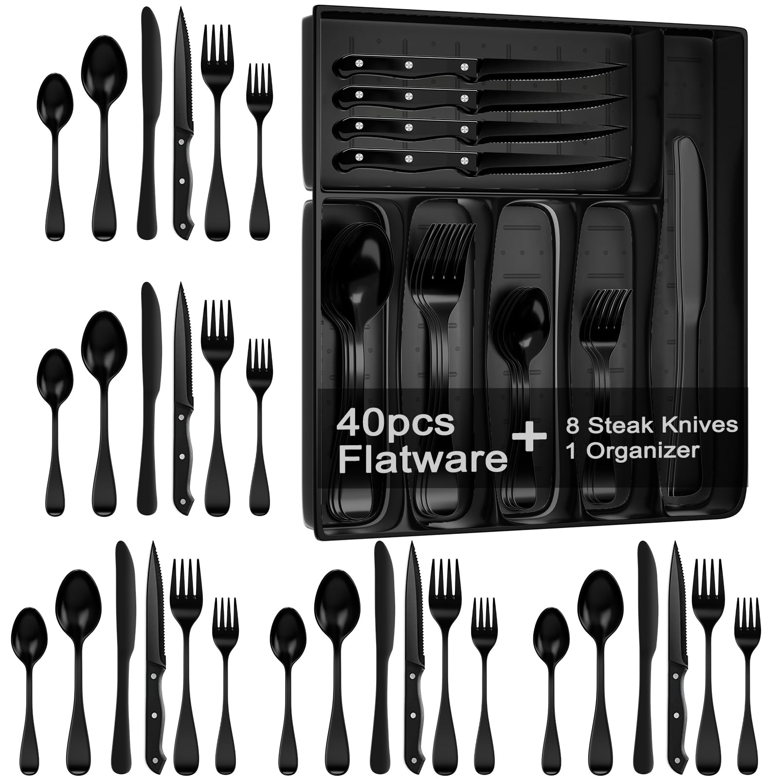 49-Piece Black Silverware Set with Organizer, Stainless Steel Flatware Set for 8 with Drawer Tray, Cutlery Steak Knives Fork Spoon for Home Restaurant, Mirror Finish