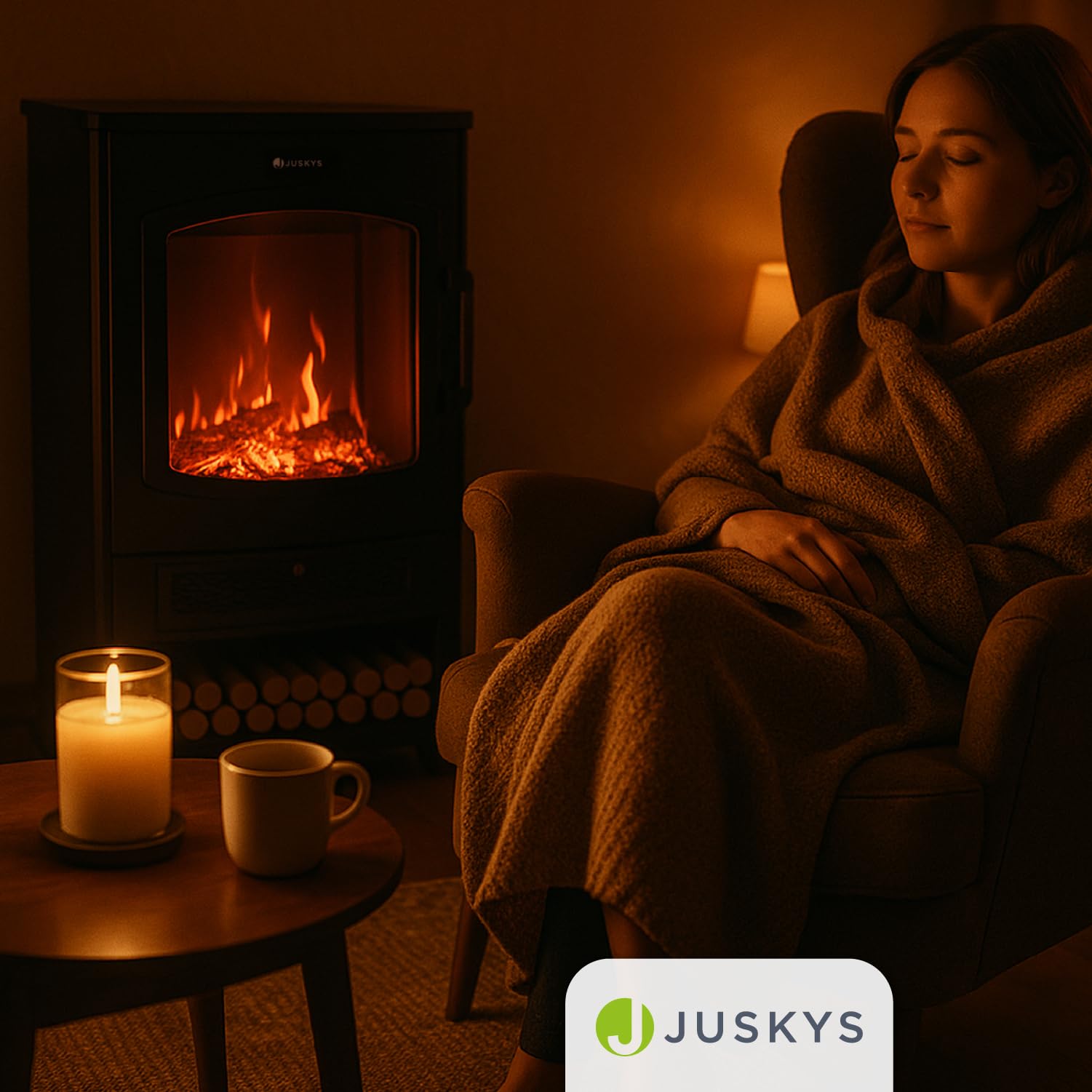 Juskys® Elektrokamin 1800W — Schwarz, elektrischer Standkamin mit LED-Flammeneffekt, WLAN/App-Steuerung, Fernbedienung