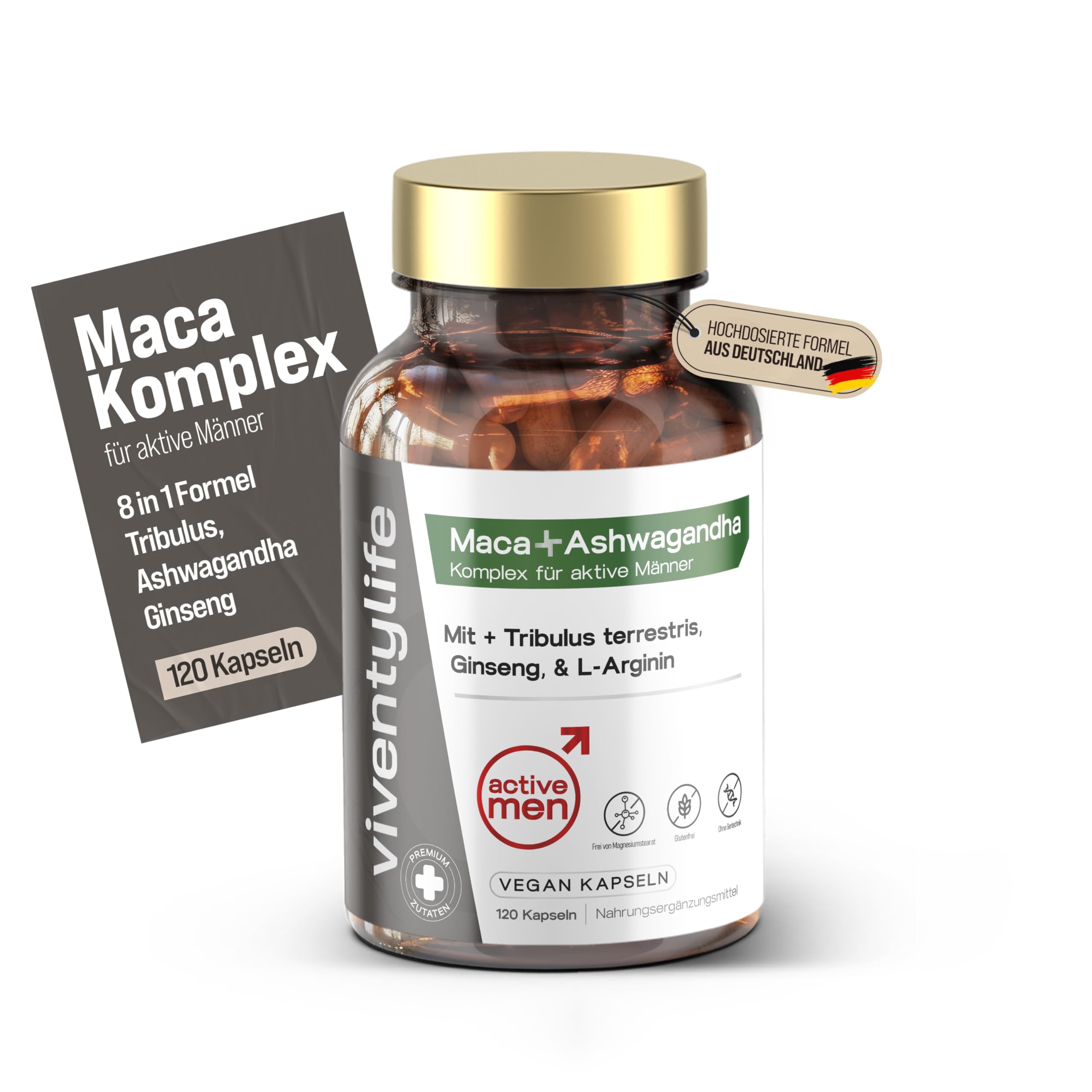 Active Men Maca Komplex für Männer TESTOSTERONSPIEGELS¹ Kapseln mit Ashwagandha, Tribulus, Ginseng, Zink, L-Arginin, Vitamin D & E, 8 Aktive Inhaltsstoffe, 120 Vegan Kapseln