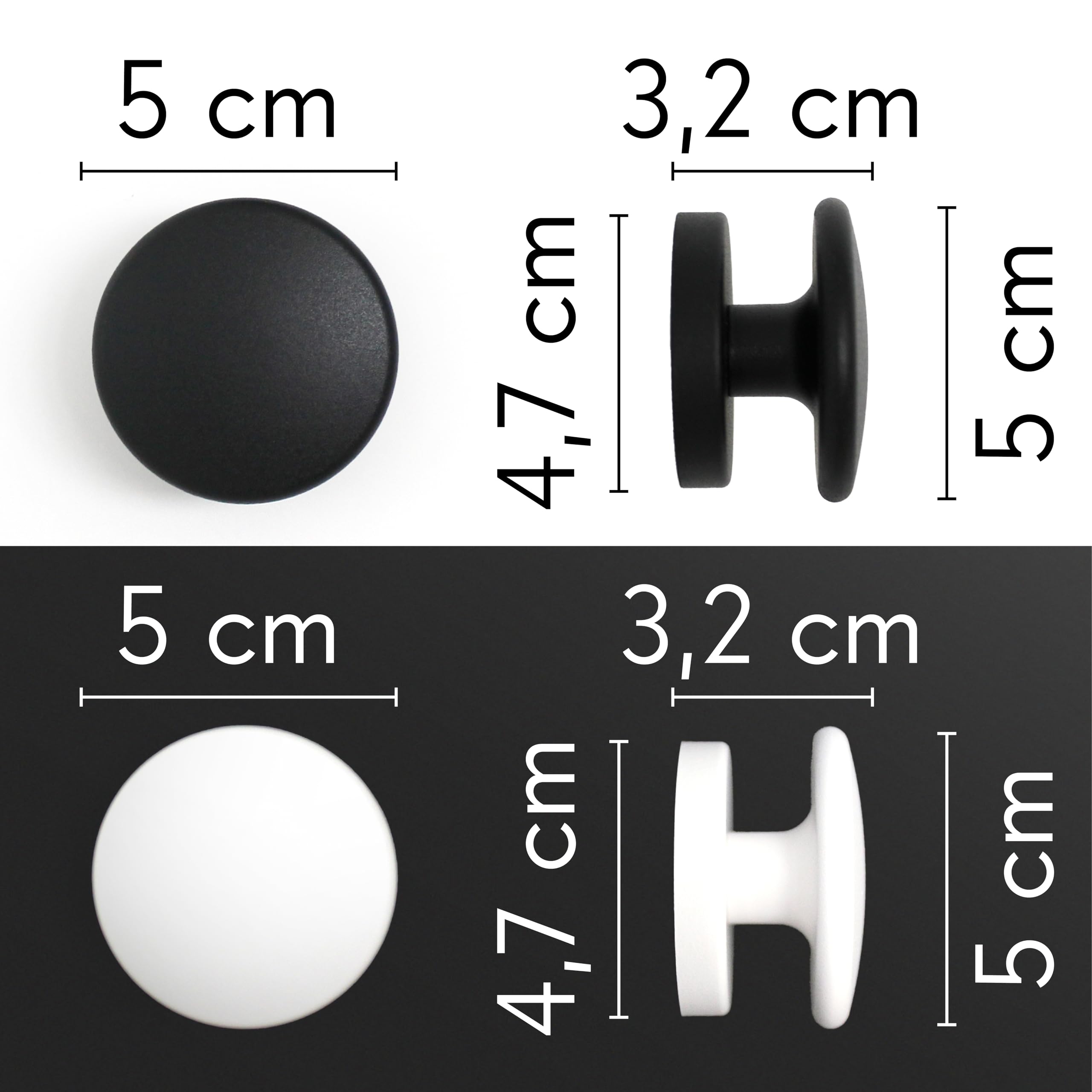 KalaMitica - Set 2 Appendi Cappotto e Appendi Borse Magnetici Piccoli, con Magnete permanente al Neodimio, Antiscivolo e Antigraffio - Bianco Laccato/Nero Laccato