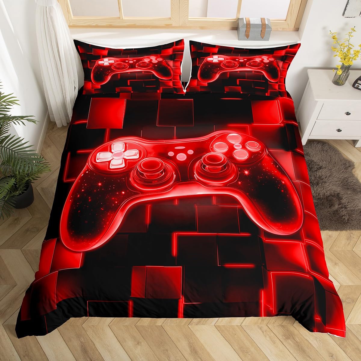 Homewish Kids Gamer Double Duvet Cover Set, Boys Gaming Bedding Set Game Room Decor, Galaxy Video Games Gamepad Quilt Cover Neon Square Geometric Grid Bed Sets with 2 Pillowcases