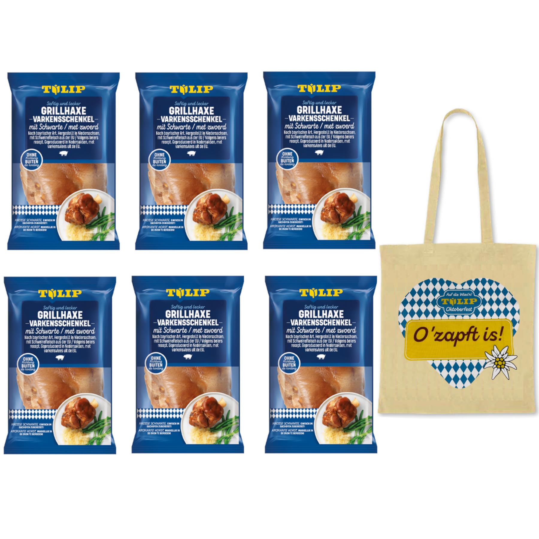 TULIP 6x 600 g Grill-Haxe + Beutel | Tafelfertig Gegart Vakuumverpackt Kross | einfach im Backofen zubereitet in ca. 30-40 Minuten | Schinkeneisbein und Schweinshaxe ohne Kühlung