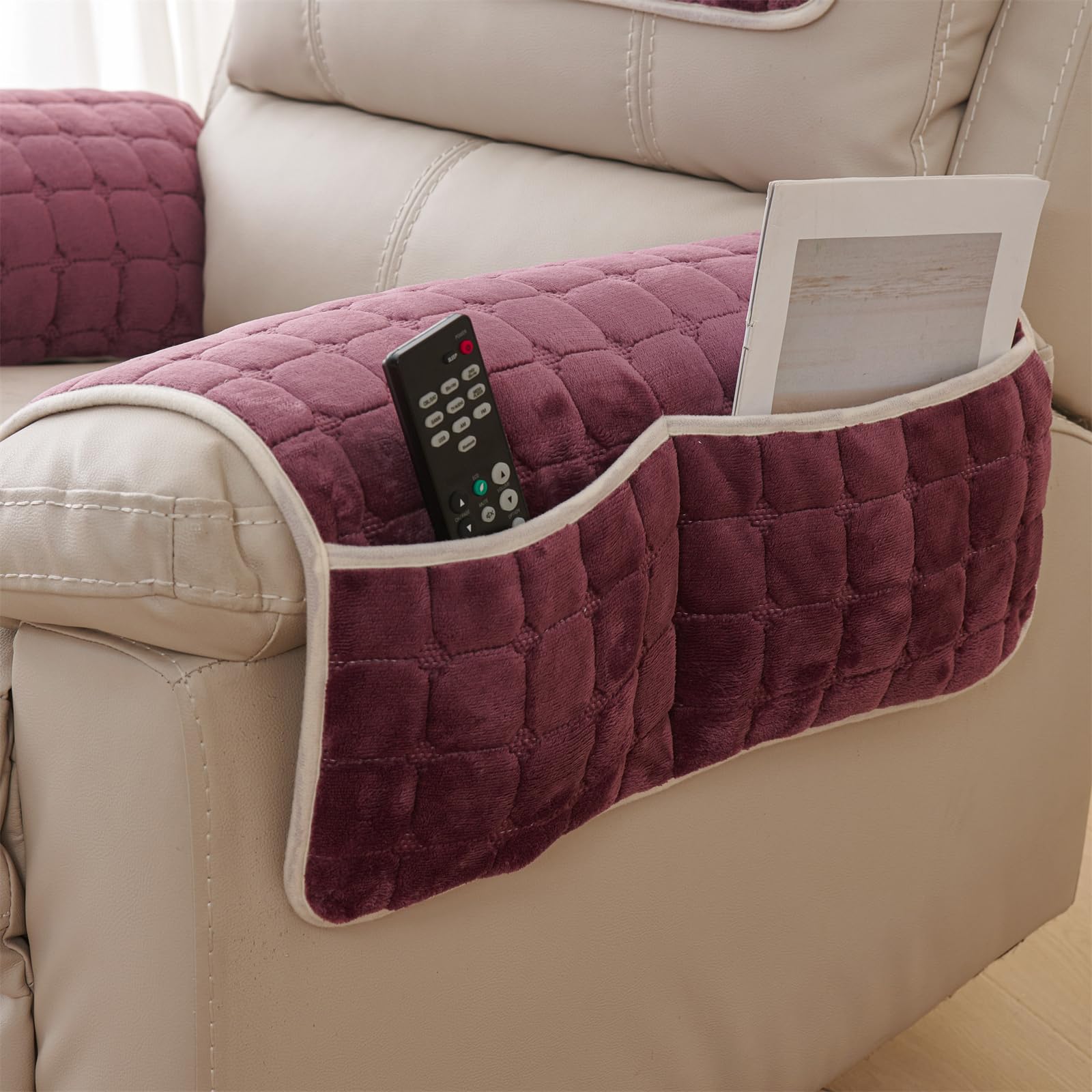 XDKS Anti-Slip Armchair Storage Bag, Headrest Covers for Chair Head Covers Furniture Winter Warm Sofa Headrest Leather Protector (Purple,Armrest)