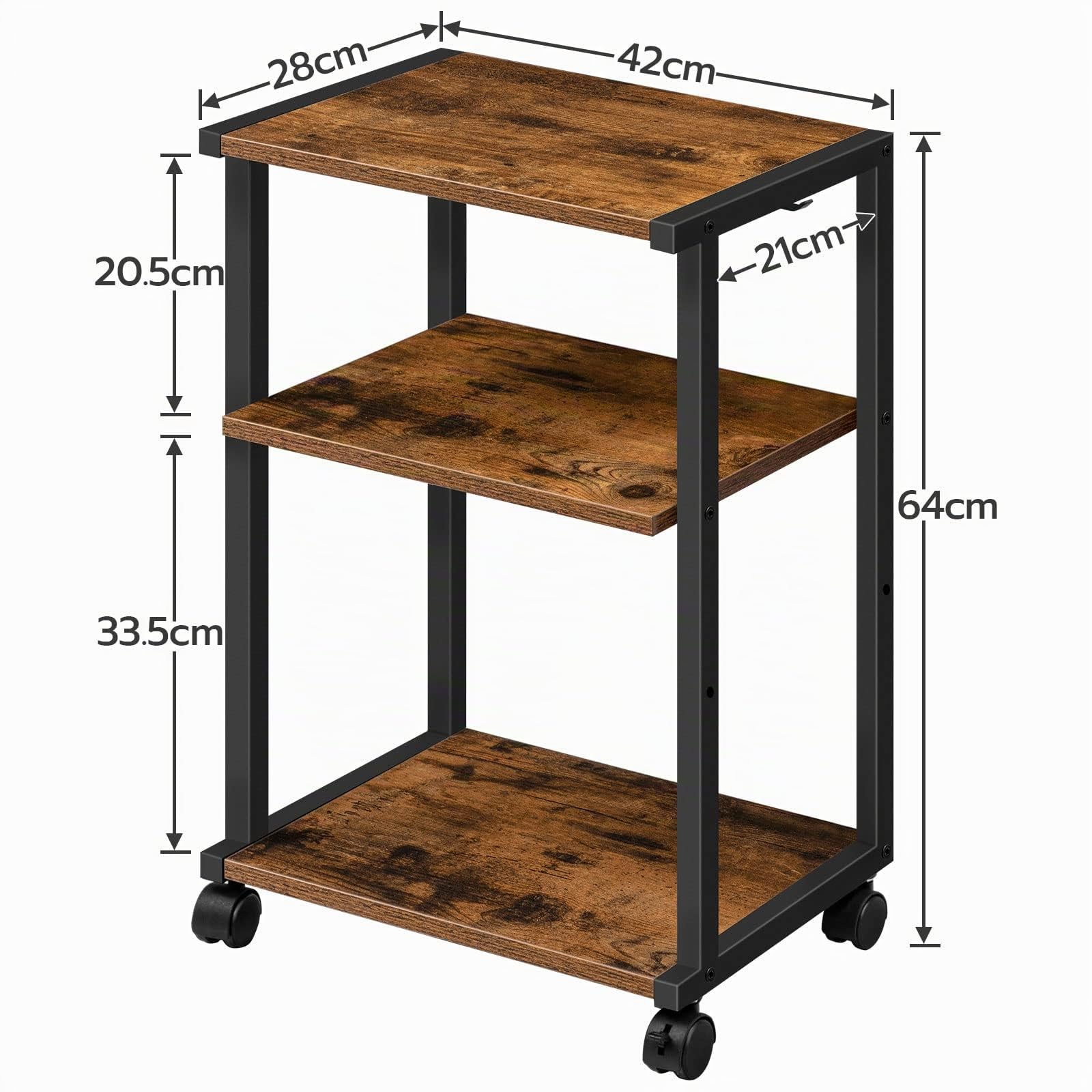HOOBRO Support d'Imprimante, Étagère de Rangement à 3 Niveaux avec roulettes, avec 3 Planches, 2 Crochets, 42 x 28 x 64 cm, Style Industriel, pour Bureau, Chambre, Cuisine, Marron Rustique EBF28PS01