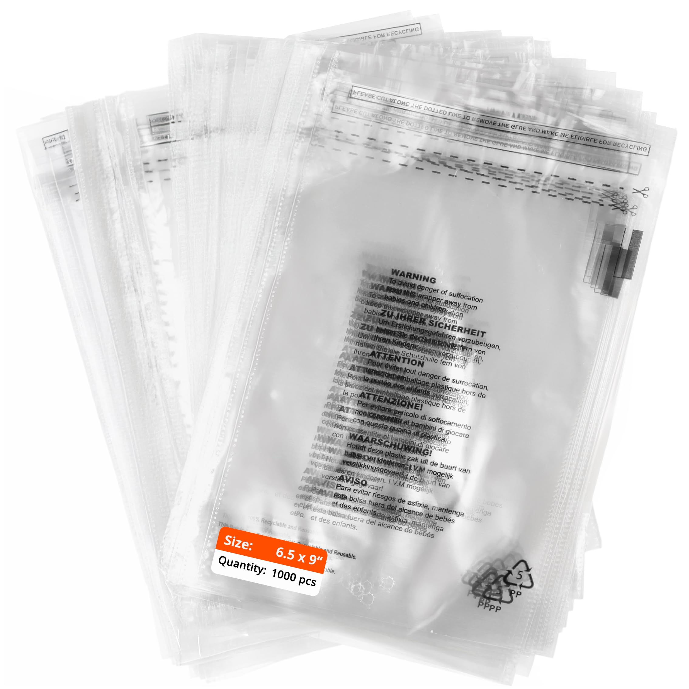 1000 Pack 6.5 x 9" Clear Self Seal Poly Bags with Suffocation Warning, Clear OPP Bag 165 x 230mm, Transparent Poly Bags for Clothing, Garment & Packaging Use