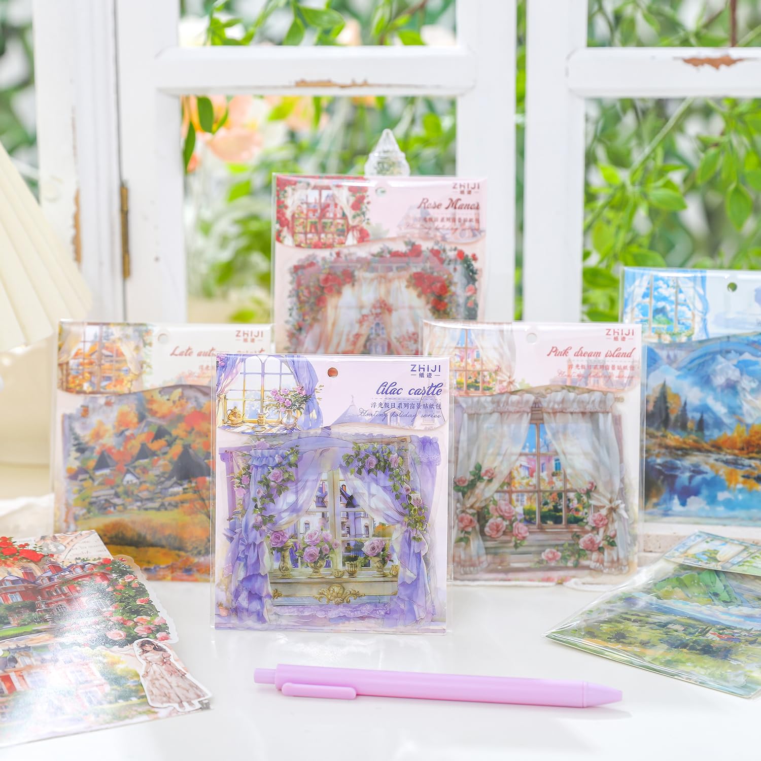Alideco 90pcs Scrapbook Stickers Vintage Landscape with Flowery Windows Scrapbooking Junk Journal Crafts Embelishment Decoration Stickers (fuguangjiari)