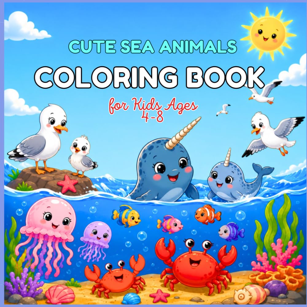 Cute Ocean Animals Coloring Book for Kids Ages 4-8: Easy and Fun Sea Creatures Coloring Pages with Dolphins, Whales, Turtles, Fish, Octopuses, Seahorses and Underwater Friends for Boys and Girls