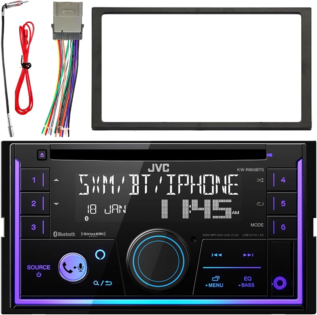 KW-R950BTS Double-DIN Bluetooth USB/AUX CD Player AM/FM Radio Stereo Receiver, Double DIN Installation Dash Kit, Antenna Adapter, Wiring Harness (Bundle Fits Select 2000-2008 GM Car Vehicles)
