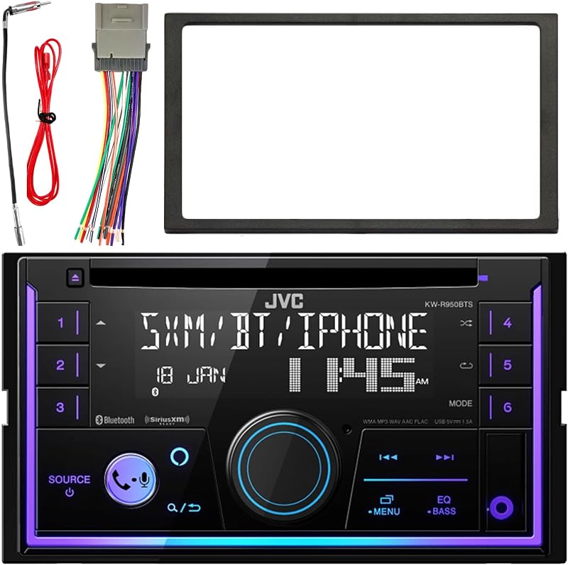 KW-R950BTS Reproductor de CD USB/AUX Bluetooth de doble DIN Receptor estéreo de radio AM/FM, kit de tablero de instalación de doble DIN, adaptador de antena, arnés de cableado (el paquete se adapta a vehículos GM 2000-2008 seleccionados)