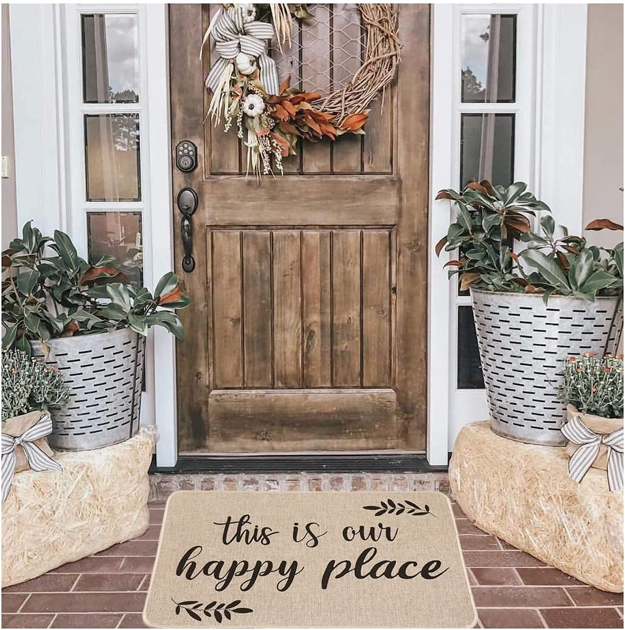 Welcome Mats for Front Door This is Our Happy Place Door Mat Decorative Quote Doormat Farmhouse Floor Mats Rubber Entrance Rug for Indoor Outdoor 17x28 inch