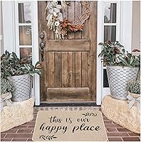 Vista 5 de Tapetes de bienvenida para puerta delantera, tapete de puerta con texto en inglés "This is Our Happy Place", tapete decorativo con cita para casa