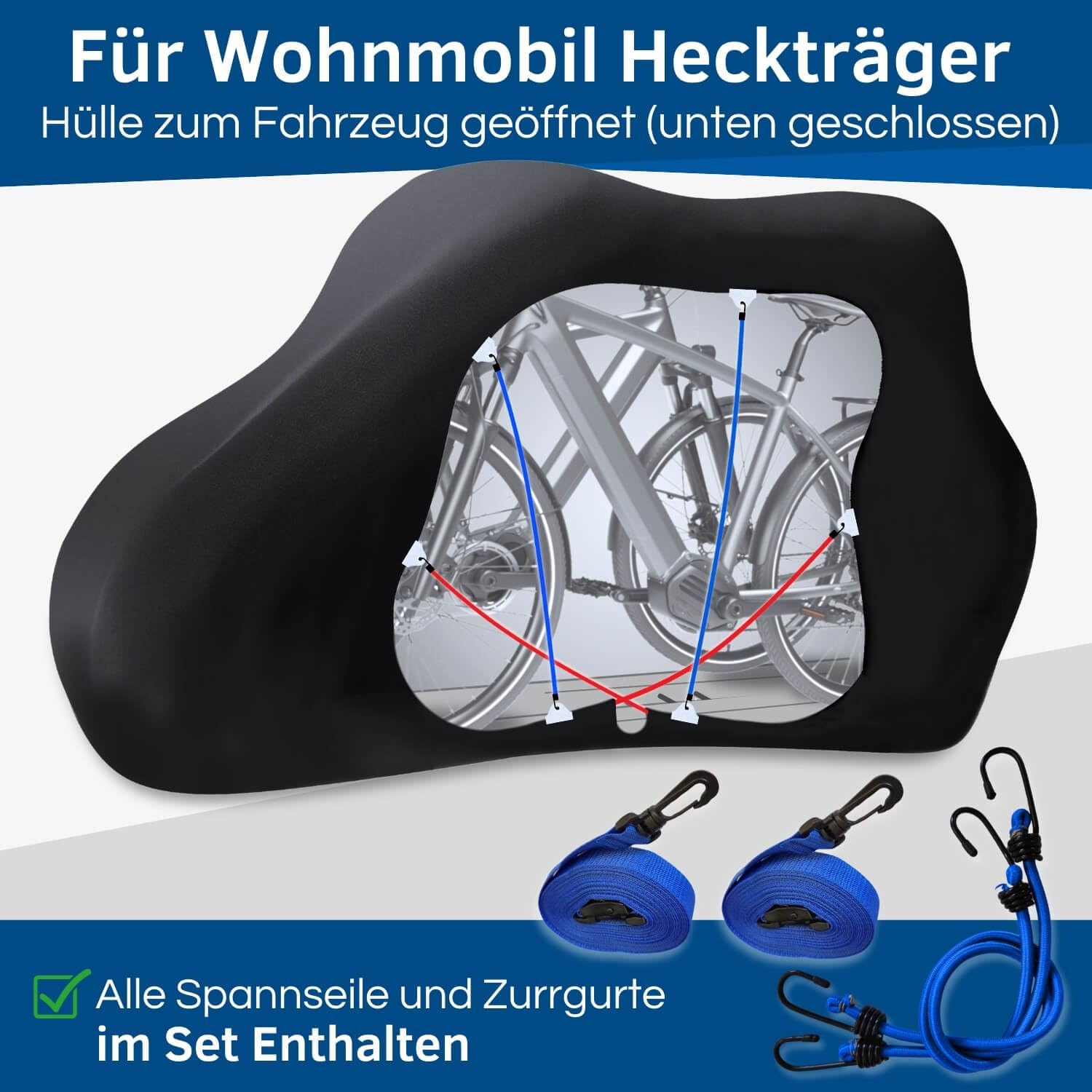 HiLo sports Fahrradschutzhülle Wohnmobil für 2 bis 3 Fahrräder - [Inkl. 2X Schnellspanner & 2X Spannseil] - Reißfeste E-Bike Abdeckplane für Wohnmobile - Fahrrad Transportschutz hinten offen