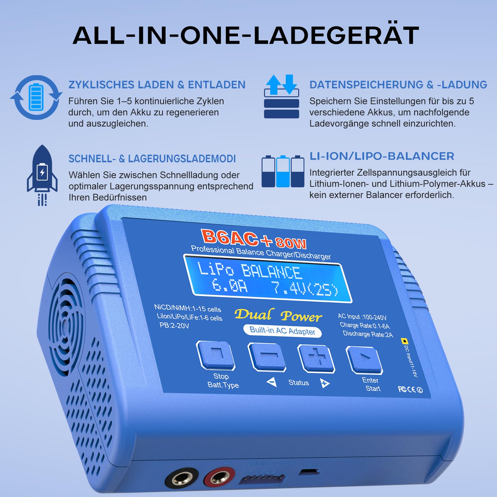 Haisito Lipo ładowarka 80 W 6 A – ładowarka do akumulatorów litowo-jonowych, Life, LiMH, NiCd, LiHV, Pb | Ładowarka do akumulatorów RC z wbudowanym adapterem | Lipo Balance Charger do Airsoft