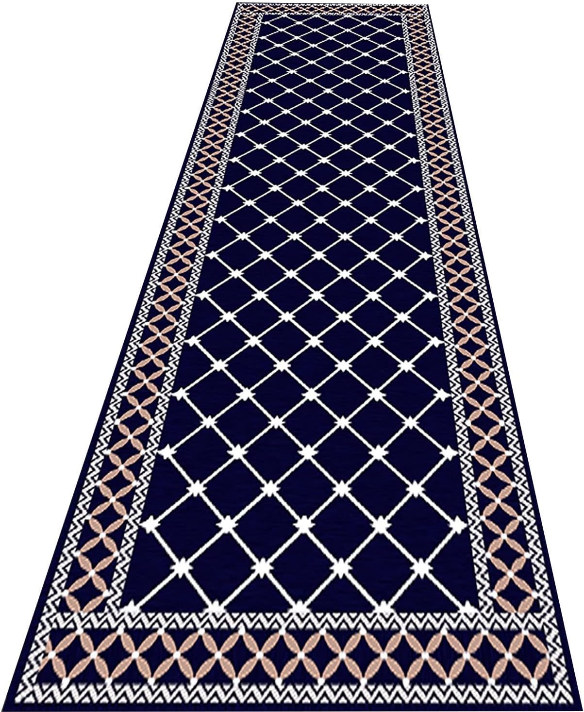 HJhyf2 Long Geometrical Carpet Runner Navy Blue, Modern Border Area