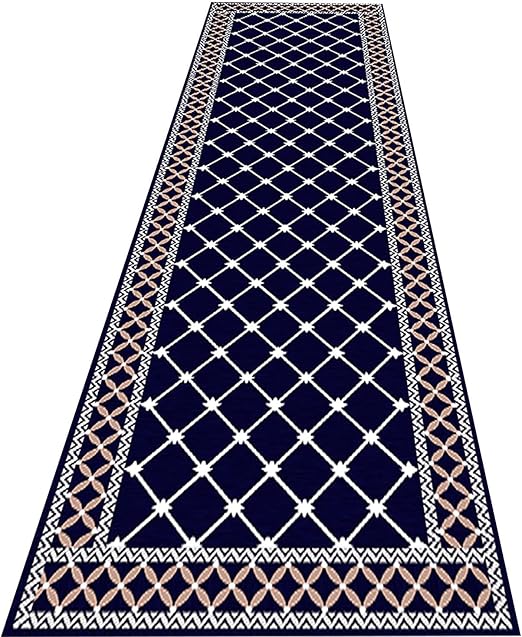 HJhyf2 Long Geometrical Carpet Runner Navy Blue, Modern Border Area
