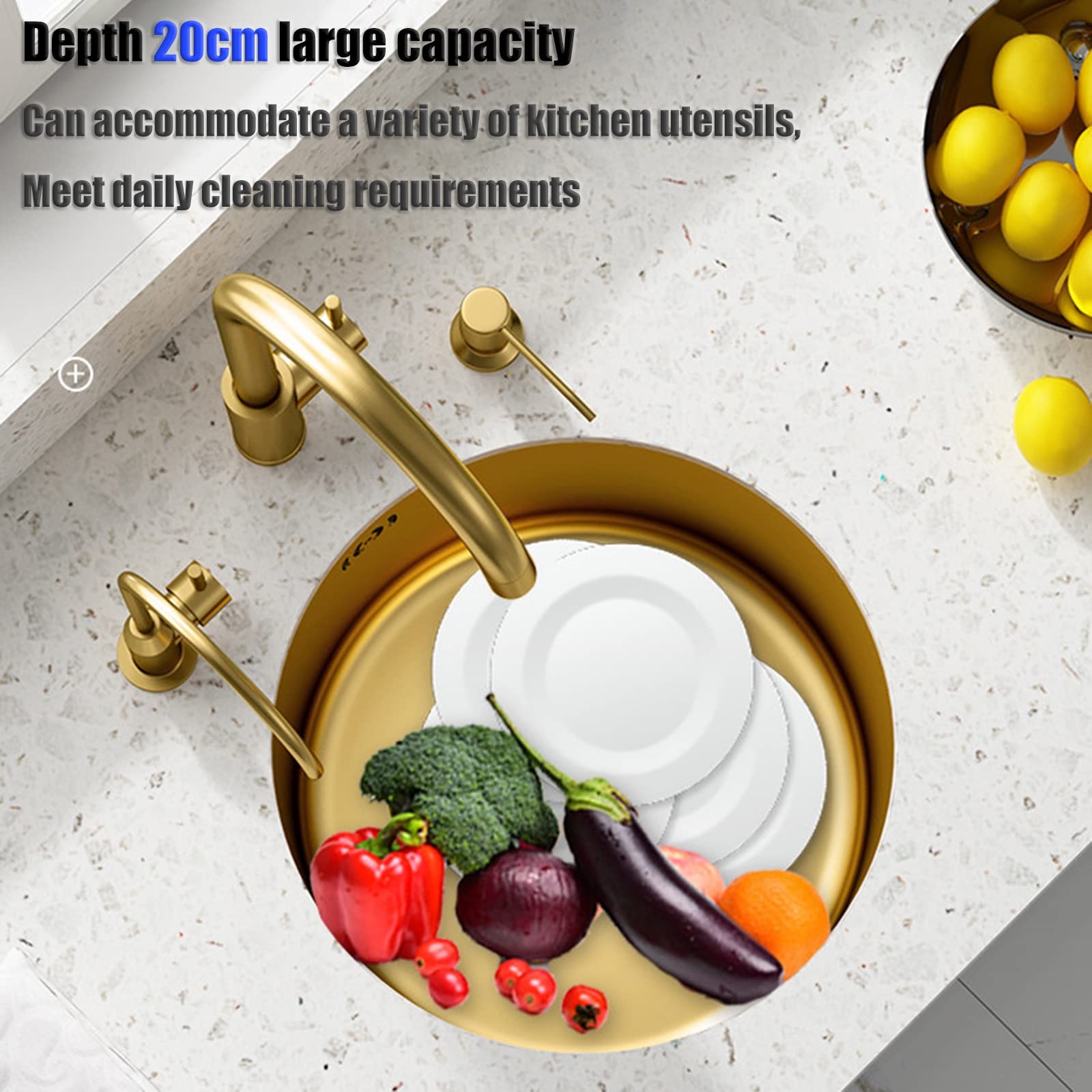 Lavello da cucina rotondo a vasca singola in acciaio inossidabile 304, con rubinetto quadrato e scarico (oro, 36 x 36 x 20 cm)