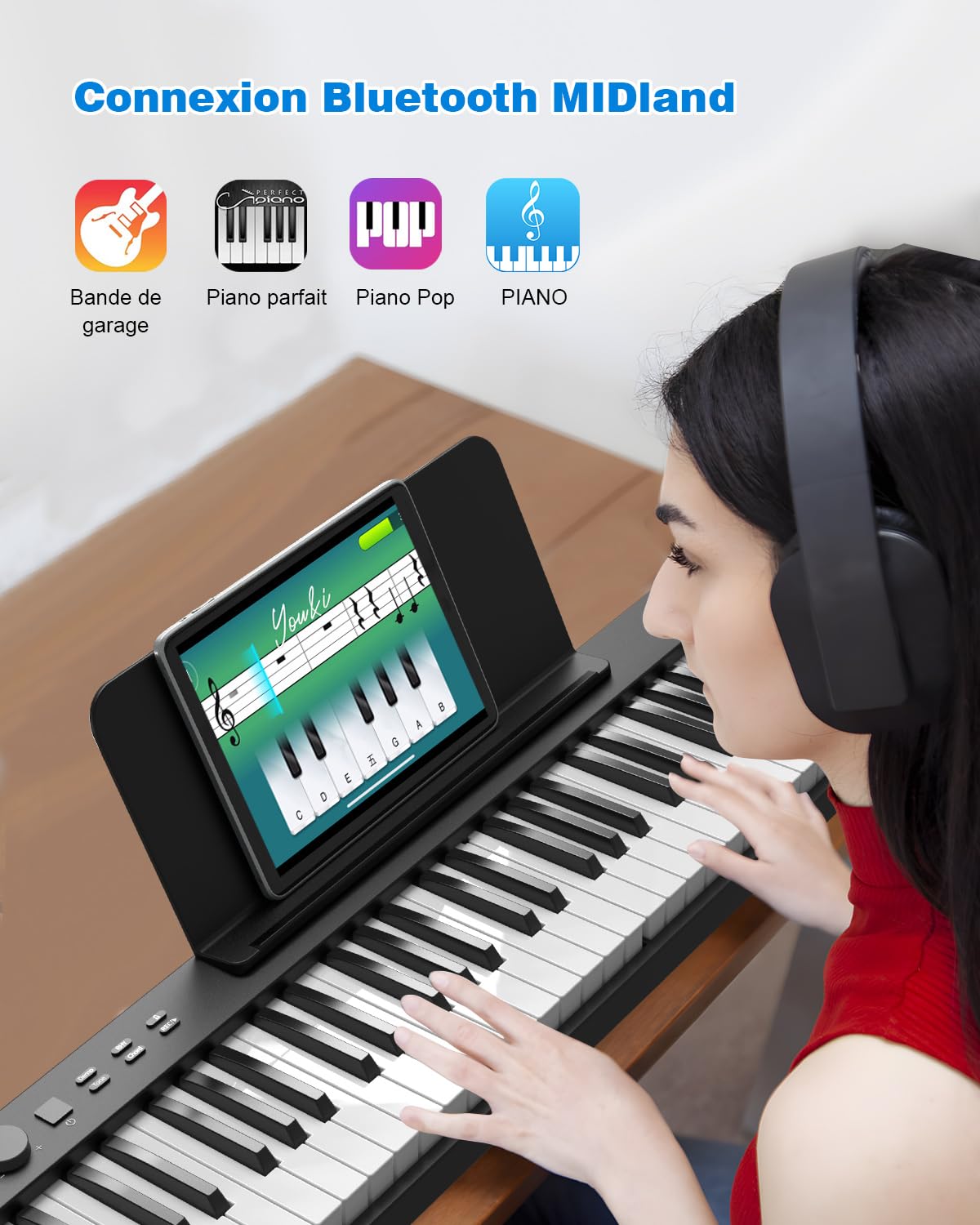 Piano numérique pliable 88 touches, clavier semi-lesté de taille originale, Bluetooth MIDI, piano électrique portable avec pédale de soutien, pupitre et sac de transport pour débutants et