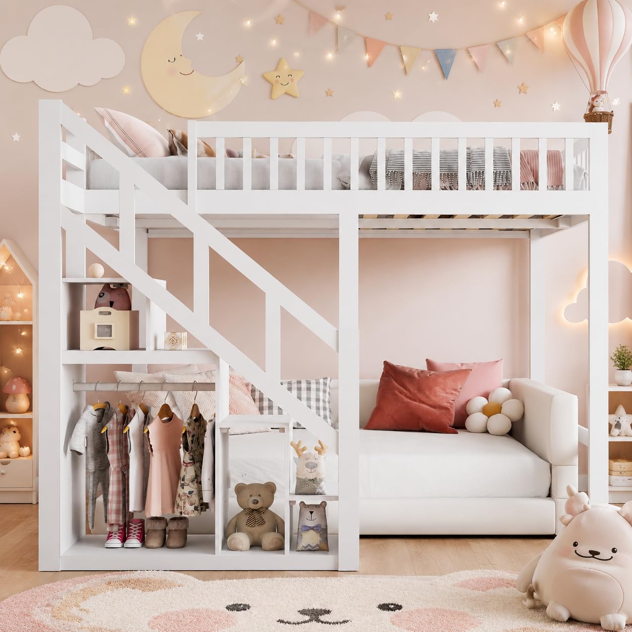 Letto a castello 140x200 cm, letto a soppalco con scala e armadietto, letto a castello con rete a doghe e protezione anticaduta, letto per bambini in legno massiccio di pino, senza materasso