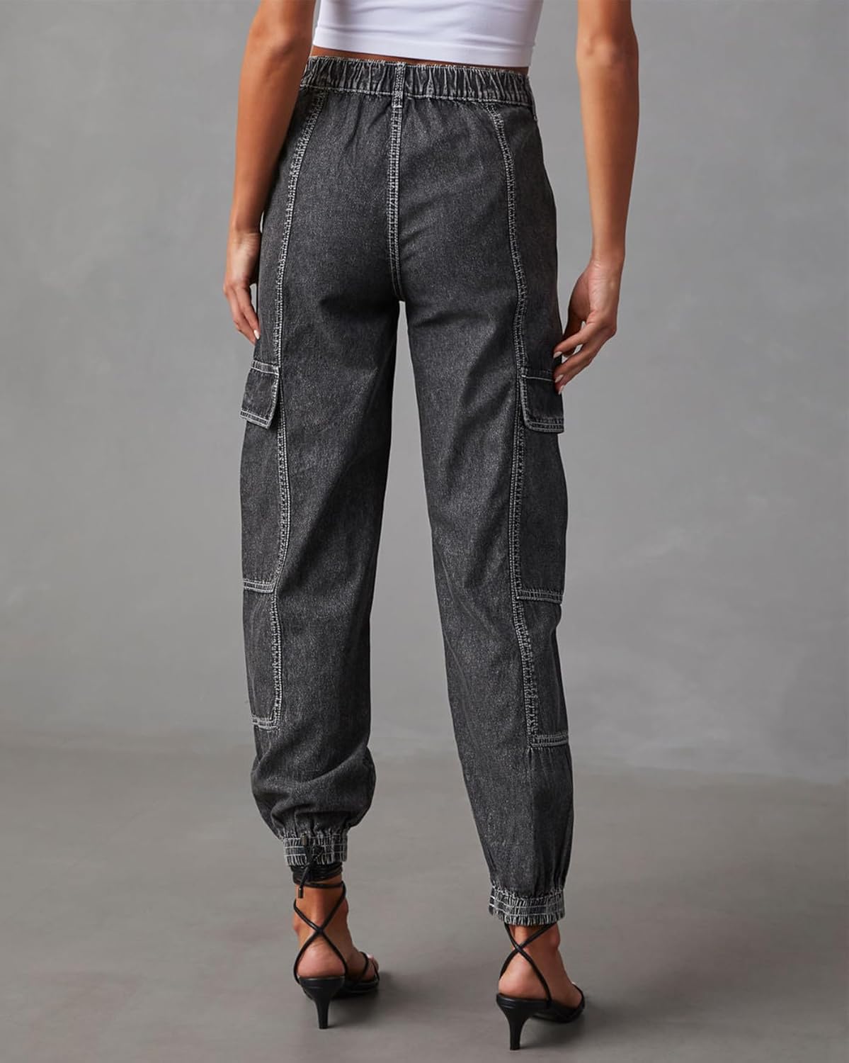 Women's Cargo Jogger Jeans Elastic High Waist Slim Denim Cargo Pants Flap Pocket Y2K Streetwear Casual Trousers