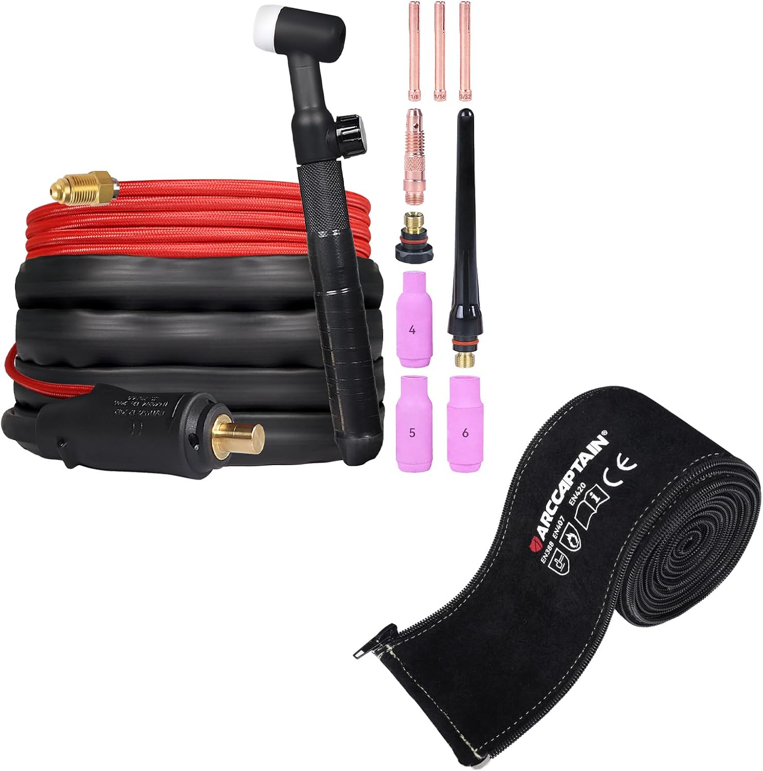 ARCCAPTAIN TIG Welding Gun, WP-17V Argon TIG Torch with TIG Welding Torch Cable Cover 7.6M (25FT) Length