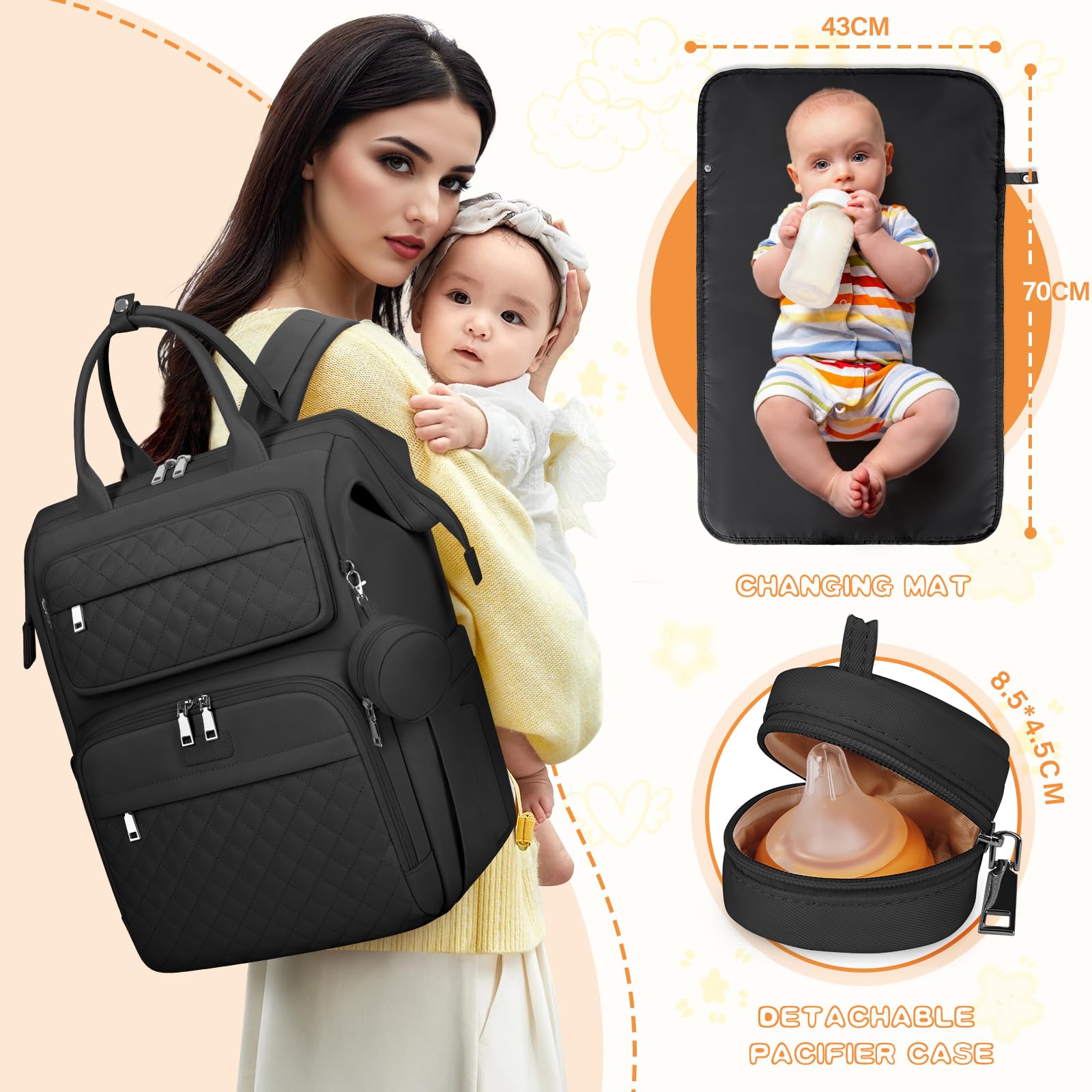 RAINSMORE Zaino Mamma Fasciatoio Multifunzione Borsa Neonato Portatile Cinturini Passeggino Nero