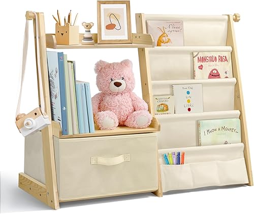 Estantería infantil y organizador de juguetes 2 en 1, estante para libros para habitaciones de niños con cubo de juguetes móvil, estante de 4 Beige
