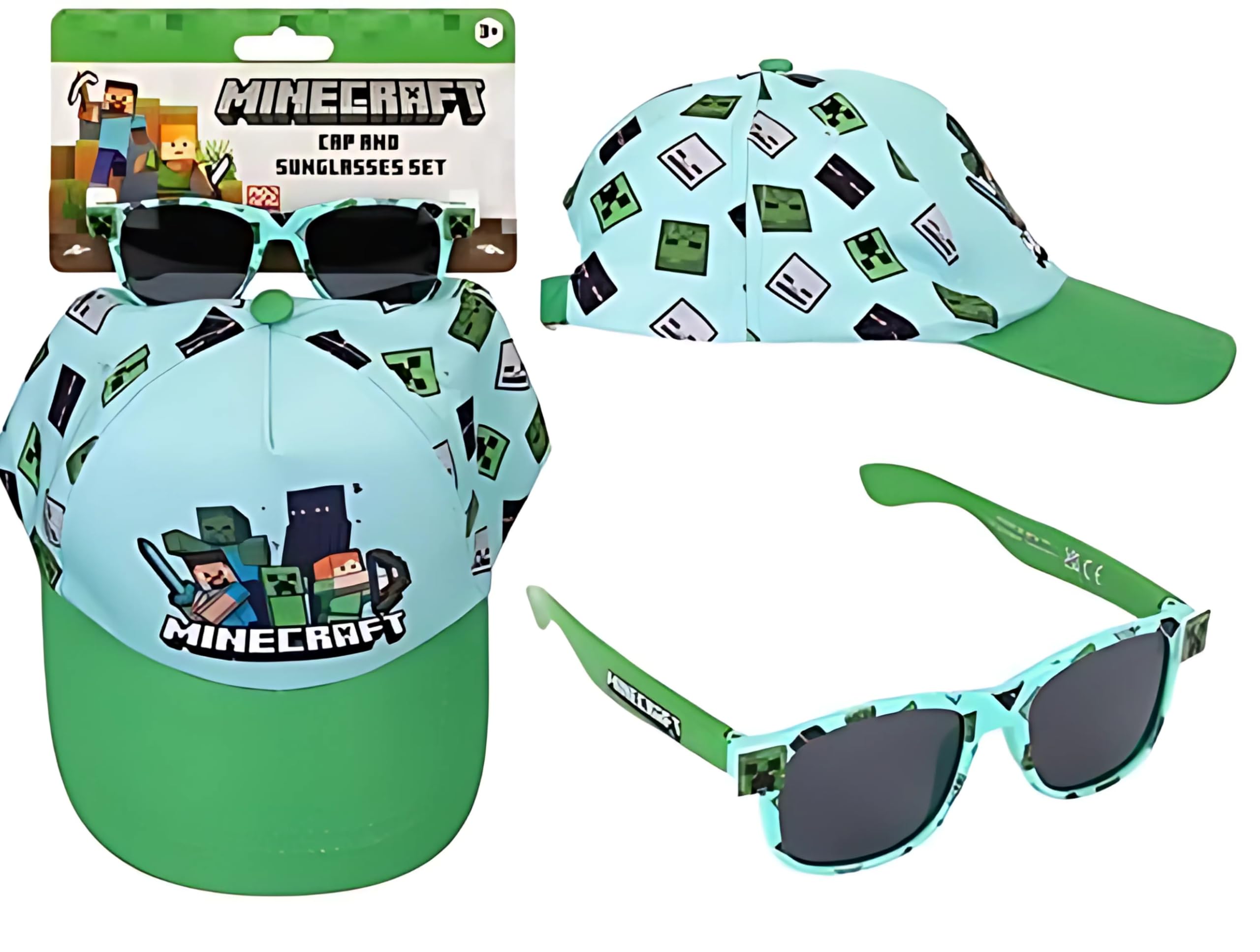 Toys & Gamers Czapka Minecraft i bezpłatny zestaw okularów przeciwsłonecznych, jasnoniebieski i zielony, akcesoria postaci dla dzieci