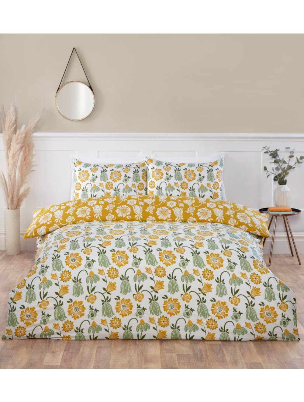 Duvet Cover Bedding Set with pillowcases, in Single, Double, King sizes, Reversible (Single, Victorian Bloom Green & Ochre)
