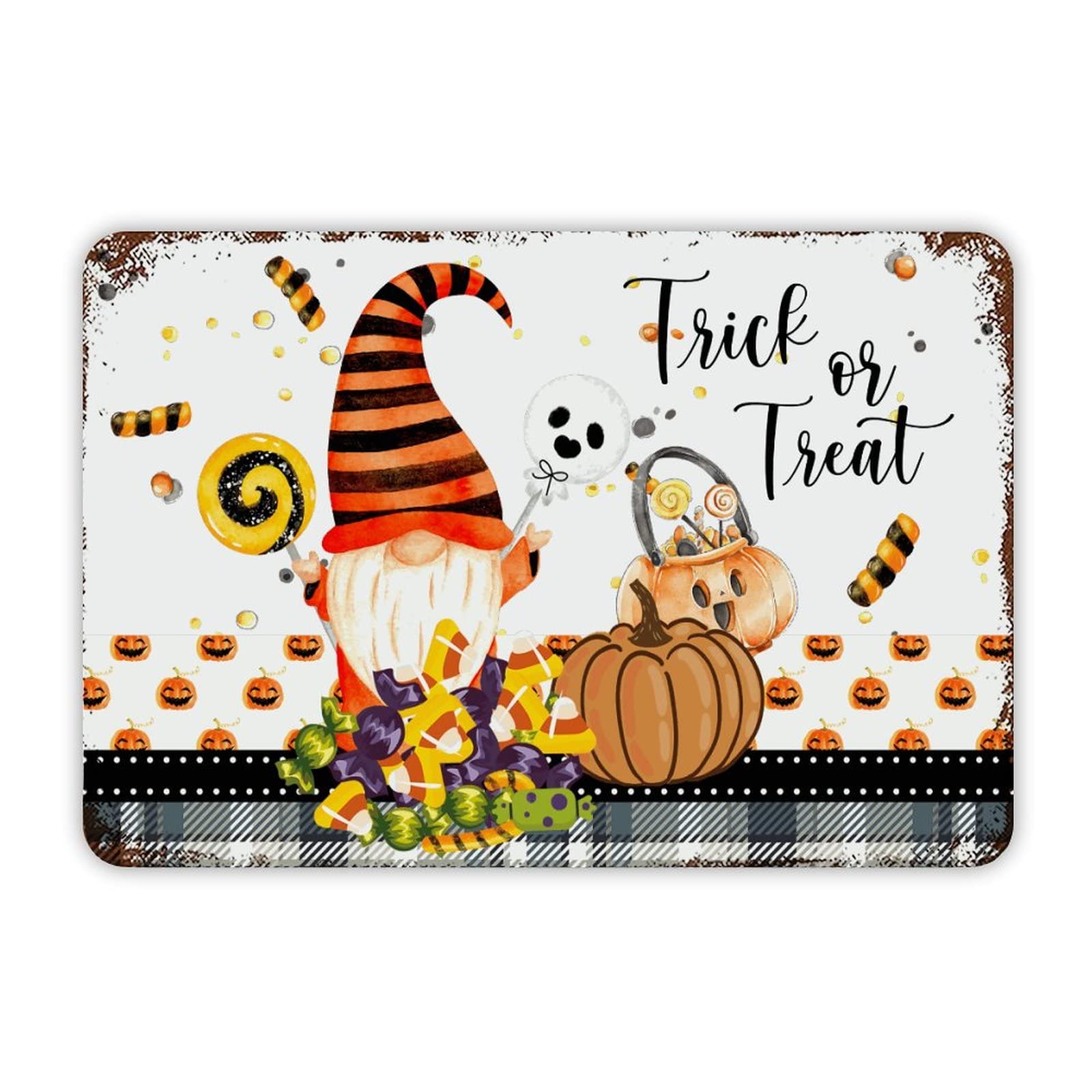 ENEDNATE Farmhouse Rustic Aluminum Sign Trick Or Treat Halloween Gnome Pumpkin Metal Sign Retro Aluminum Tin Sign for Kitchen Bedroom Living Room Wall Art Door Hanger Home Decor Sign 8x12 Inch