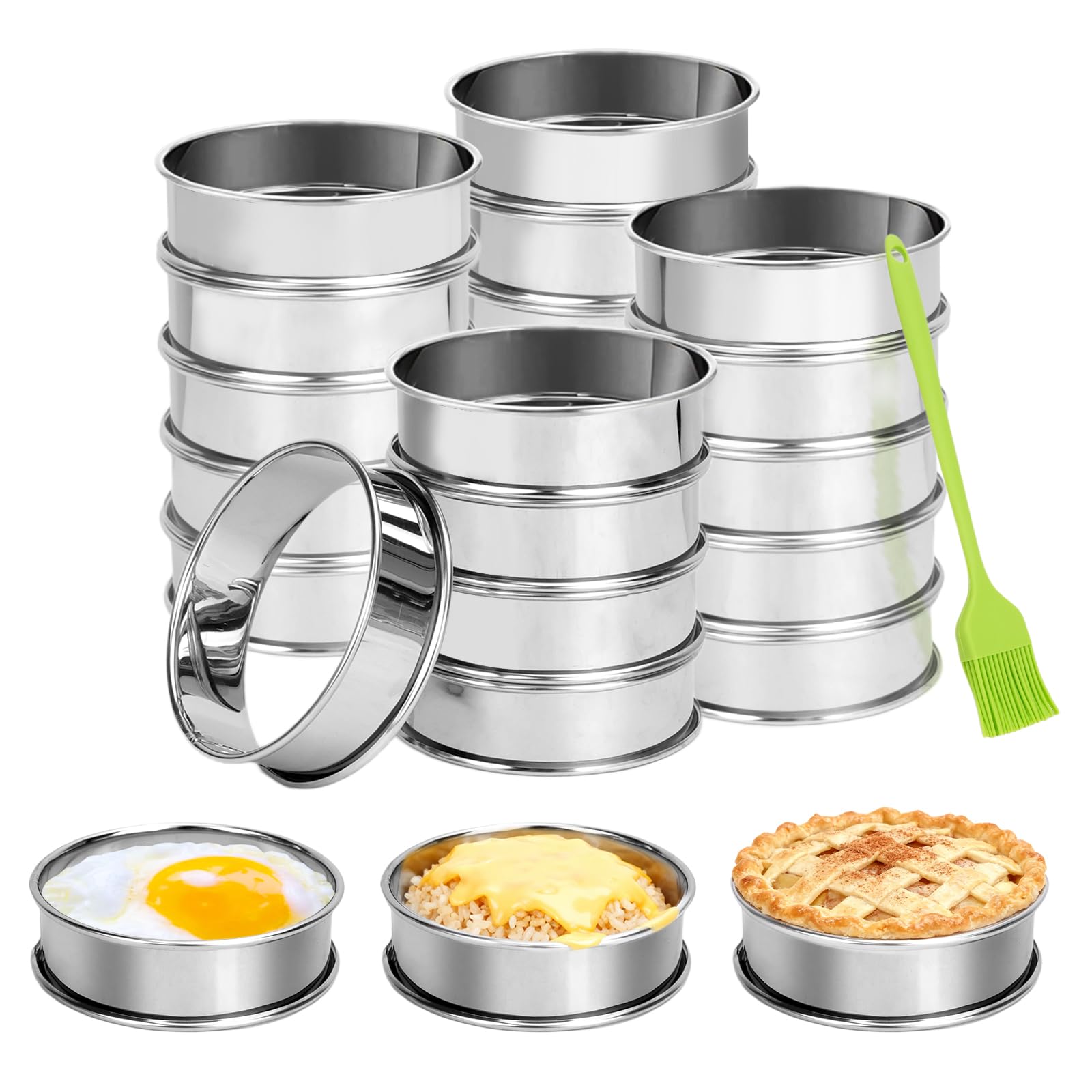 DIYJEP 20 Pcs English Muffin Rings with Pastry Brush(8 CM/ 3inch)