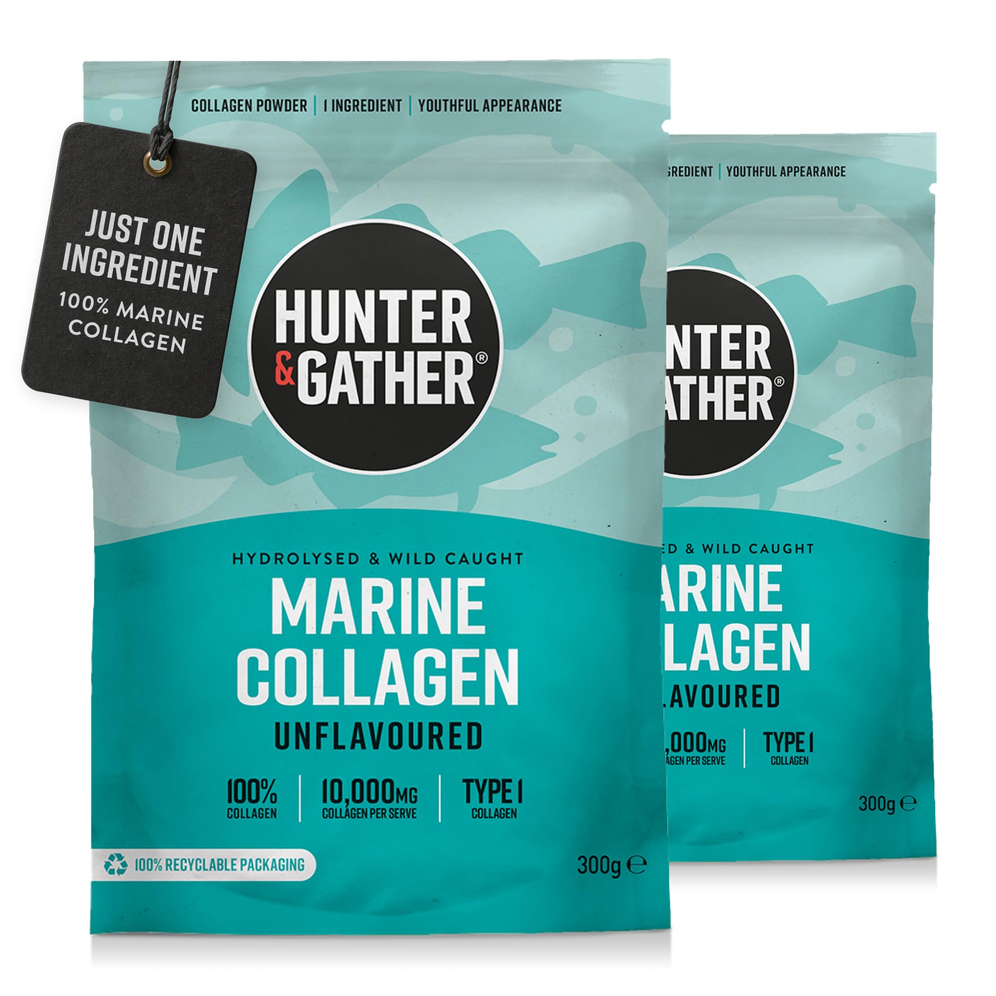 Hunter & Gather Marine Collagen Powder Twin Pack | Pure Unflavoured Premium Hydrolysed Wild Caught Marine Collagen Peptides Powder for Hair Skin Nails Muscles | Collagen Supplements for Women and Men