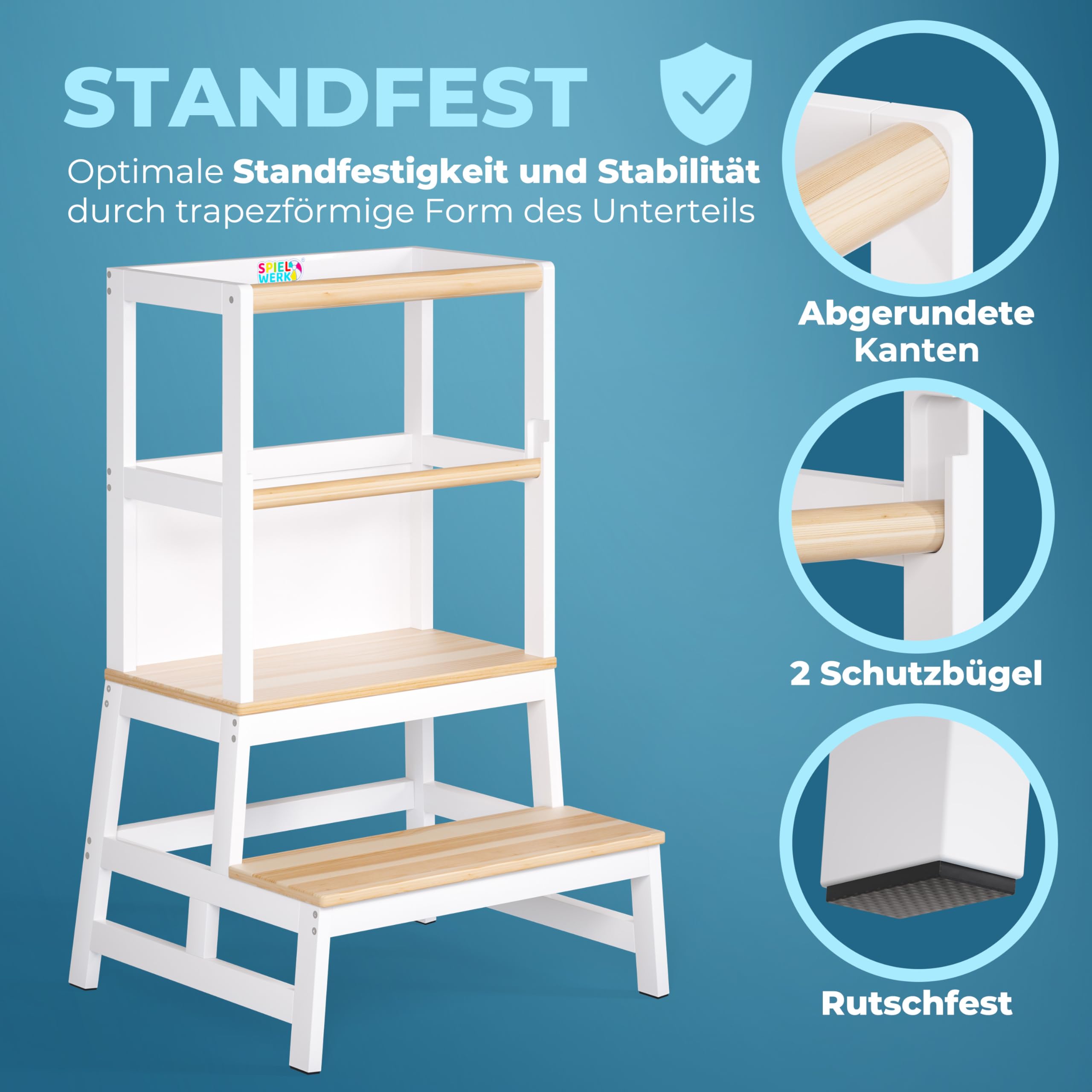 Spielwerk® Lernturm ab 2 Jahren Kinder mit Tafel Montessori 93cm Hoch Learning Tower 100kg Belastbar Trittschemel Kiefer Lernstuhl Küche Weiß Holz