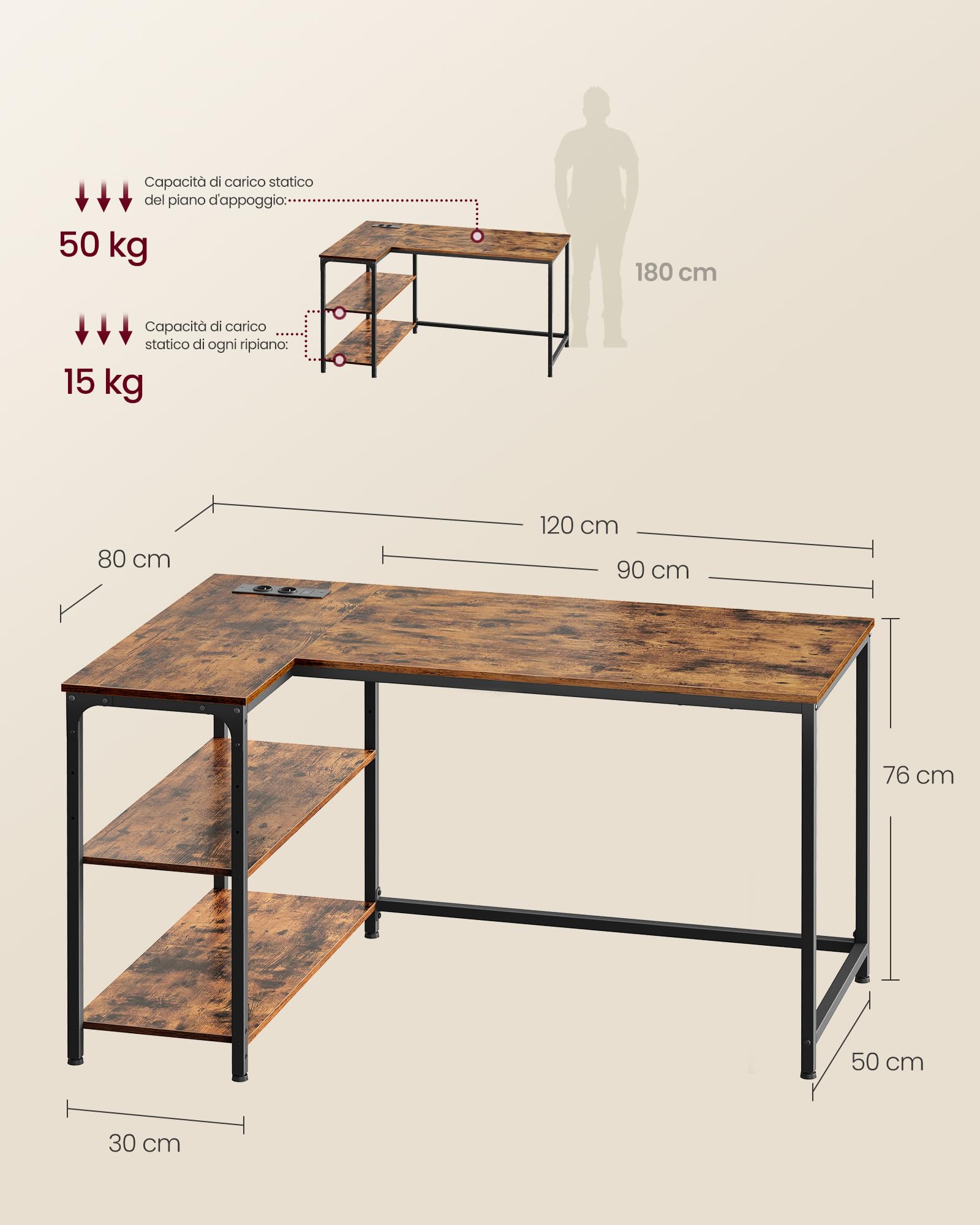 VASAGLE Scrivania a L, Scrivania Angolare per Computer con Prese e Porte USB, Ripiani Regolabili, 120 x 80 cm, per Ufficio in Casa, Marrone Vintage, Collezione BARNET LWD132KD01