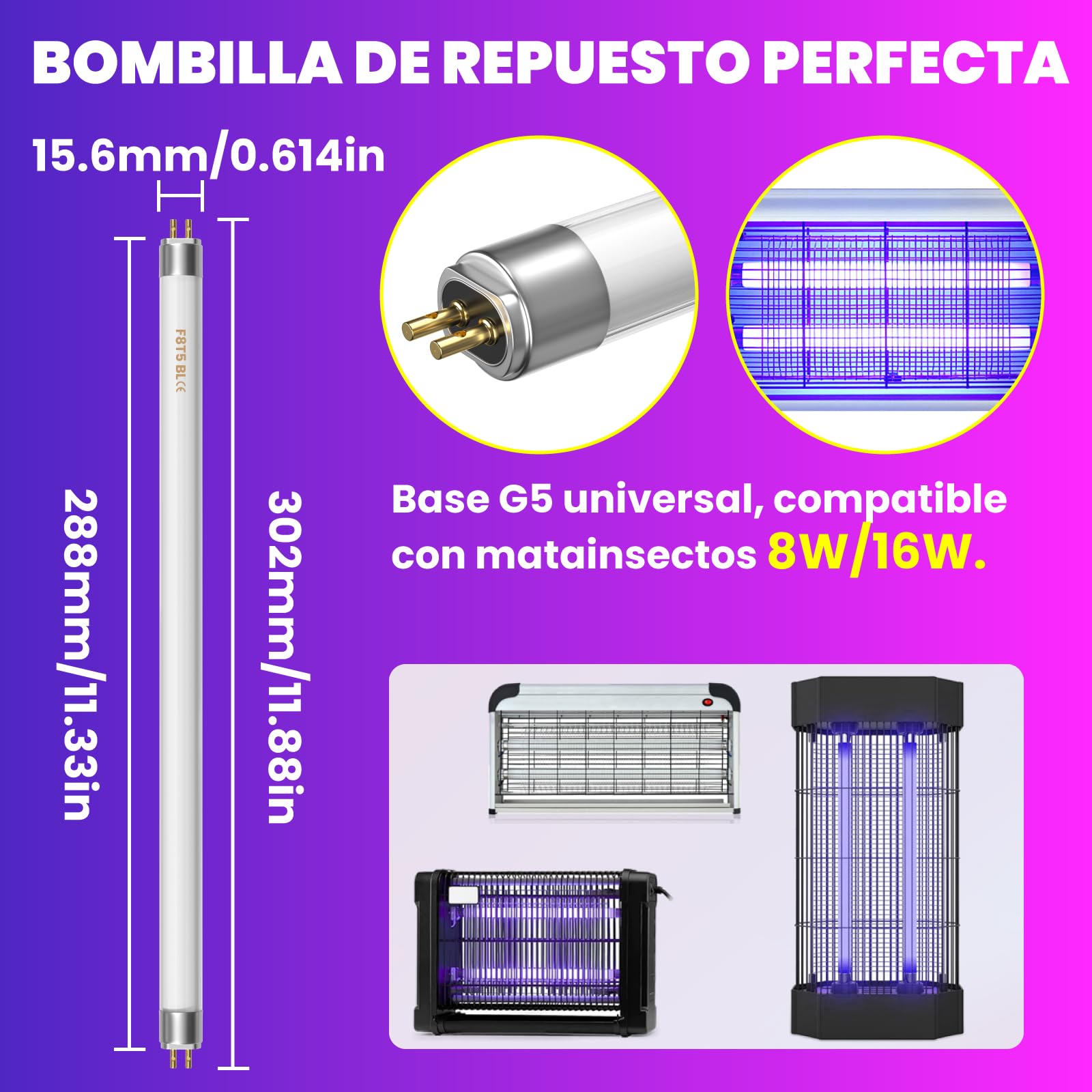 Lustaled FSL BL T5 8W Lámparas de Repuesto para Lampara Antimosquitos, Bombillas de Repuesto, 30.5cm Lámparas UV para 8/16W Lampara Antimosquitos, Mata Mosquitos Electrico (2 Unidades)