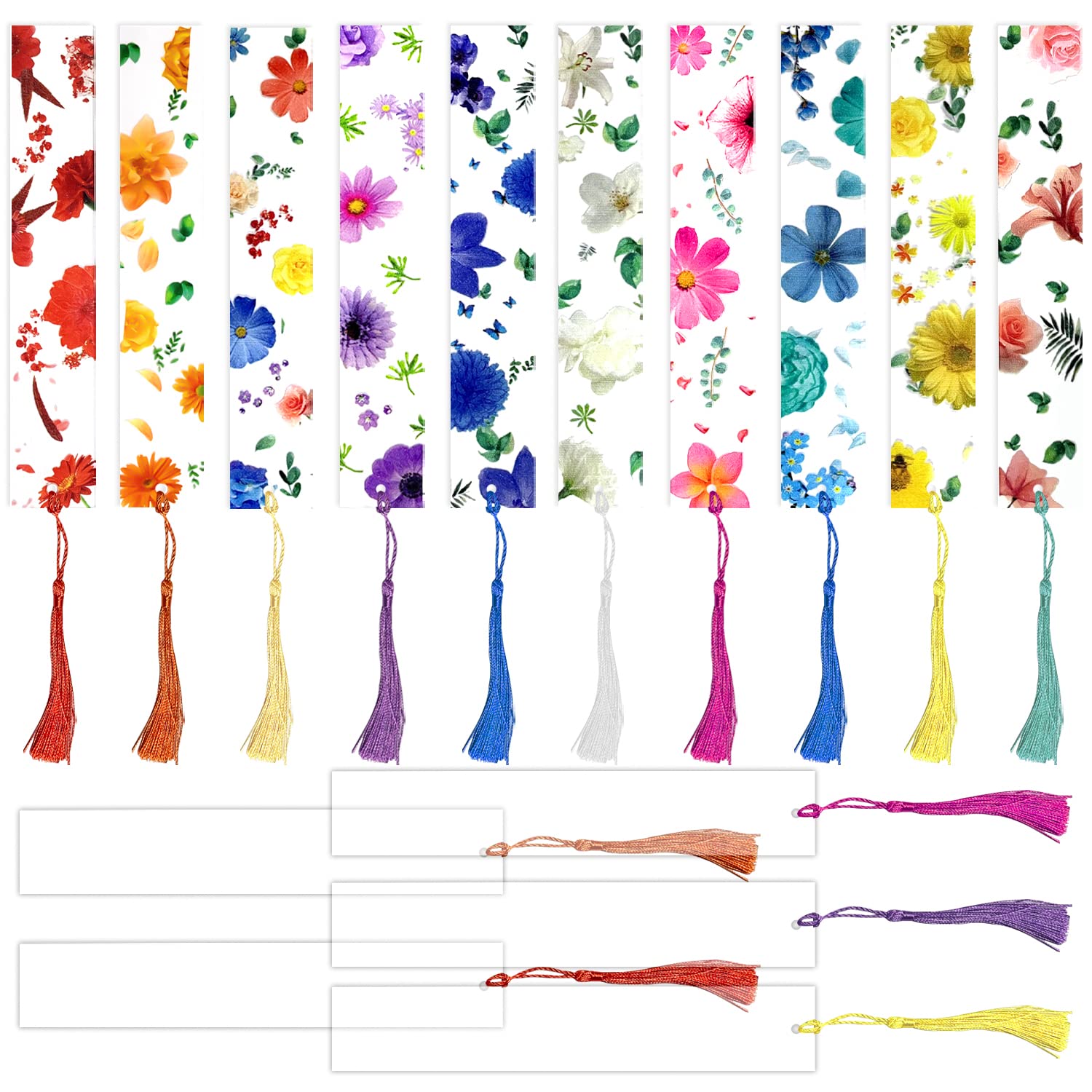 10pcs Handmade Bookmarks - 5pcs Blank, 5pcs Transparent Flower & Colorful Tassel Designs for Book Page Marking