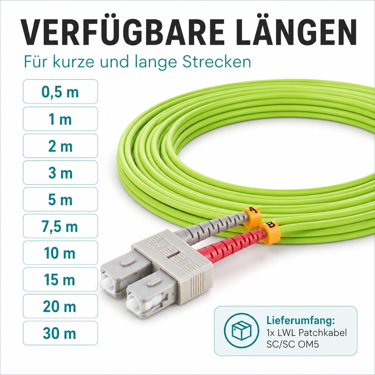 1 câble de brassage duplex OM5 LWL DX de 30 m, SC/UPC - SC/UPC MM multimode - 50/125 µm LSZH vert citron