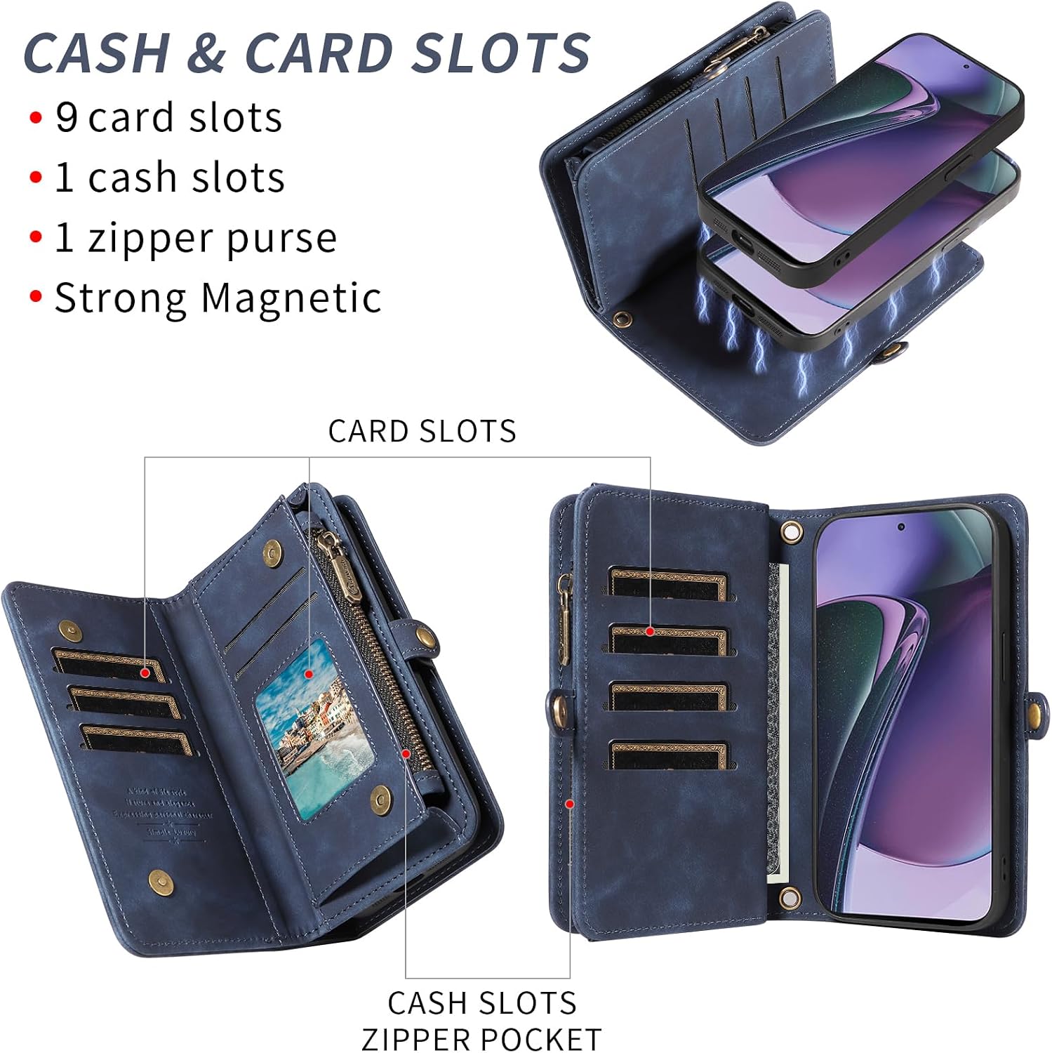 Asuwish Phone Case for Motorola Moto G Stylus 5G 2023 Zipper Wallet Detachable Cell Cover with Tempered Glass Screen Protector Crossbody Strap Flip Card Holder GStylus G5 XT2317DL XT2315-5 Women Blue