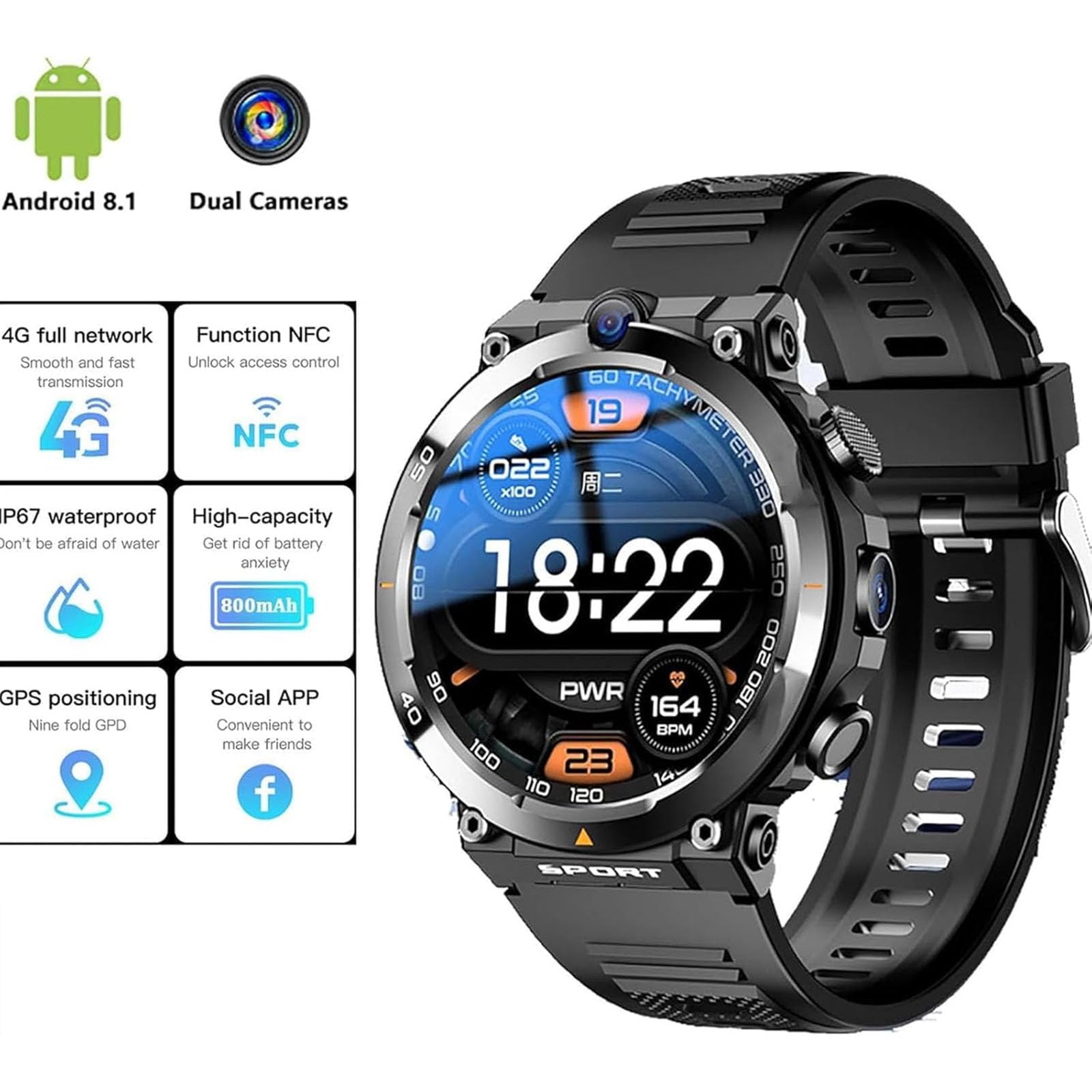 Smartwatch 4G SIM Card con doppia fotocamera HD, NFC, WiFi integrato, posizionamento in tempo reale LBS e GPS, batteria 900 MA, schermo rotondo da 1,39 pollici per uomo