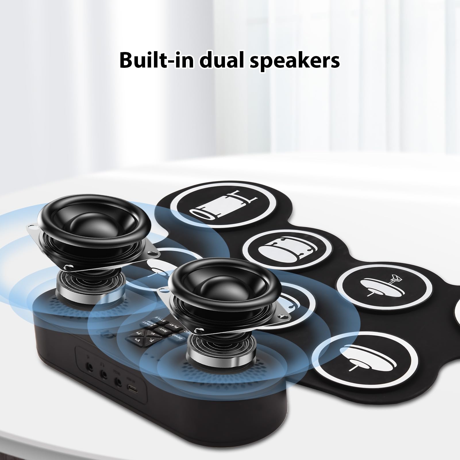Tambor electrónico Pad Set, Hand Roll Drum Set 7 Pads con Doble Altavoz 7 Estilos de Batería 6 Ritmos 10 Canciones de Demostración, Portátil de Práctica Pad Drum Kit con Baquetas