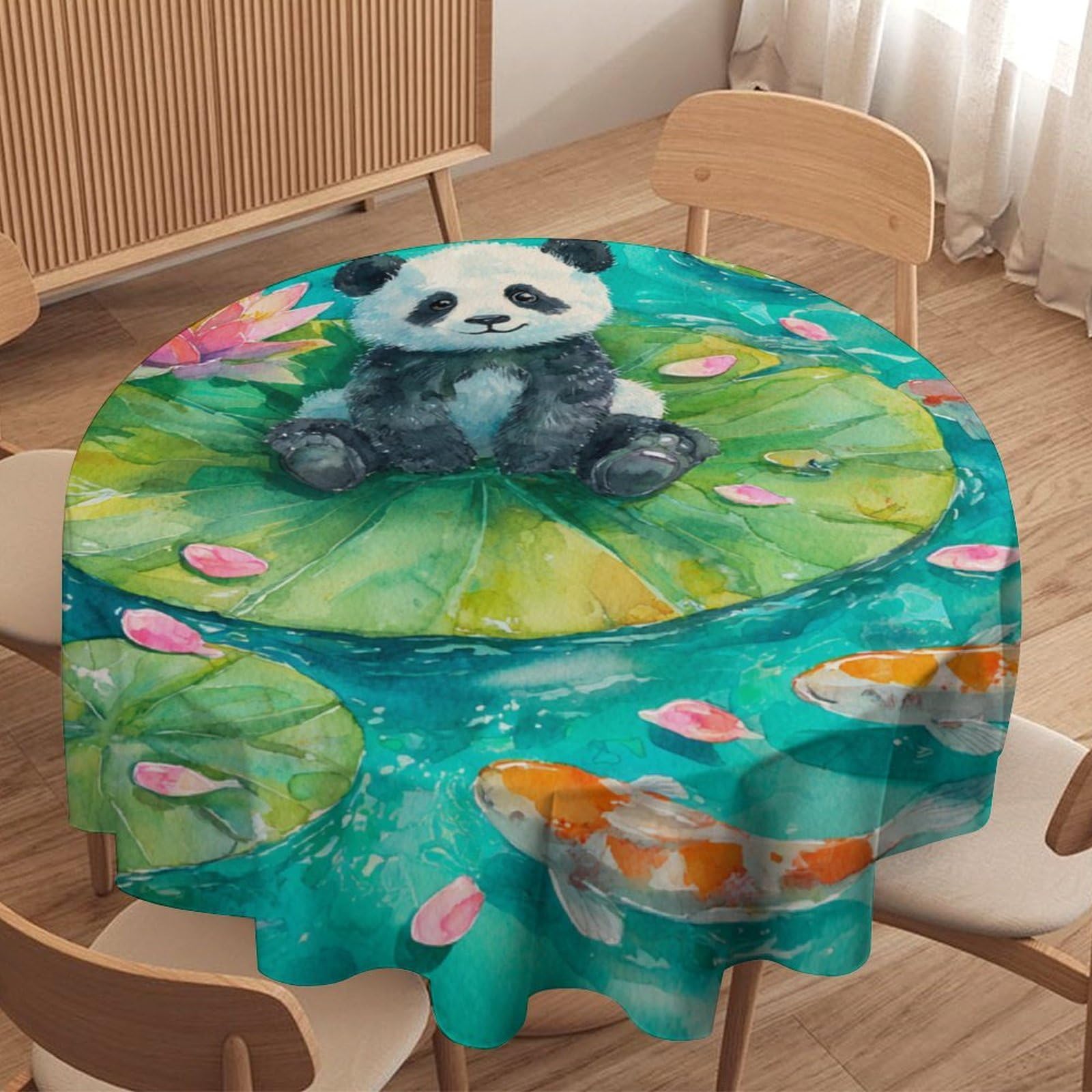 LUYYSKY Beautiful Retro Cute Panda Round Tablecloth Fantasy Abstract Natural Lotus Flowers Animal Panda Fish Washable Decor for Table Cover for Kitchen-127 Wx127 L cm