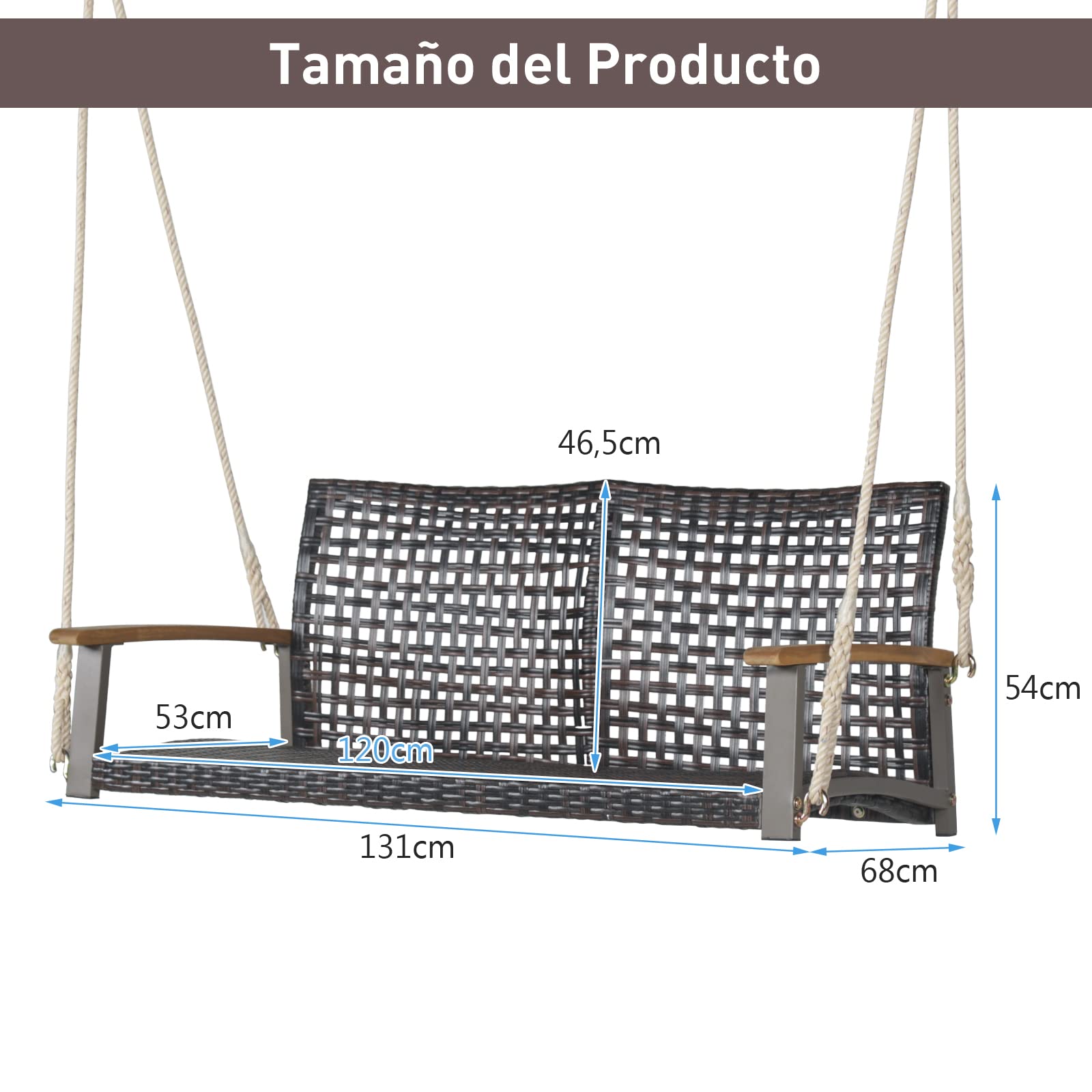 COSTWAY Banco Columpio de Exterior con 2 Asientos de Ratán PE, Respaldo Curvado y Reposabrazos de Madera de Acacia, Carga 360 kg para Pórtico Veranda Patio Jardín (sin cojin)