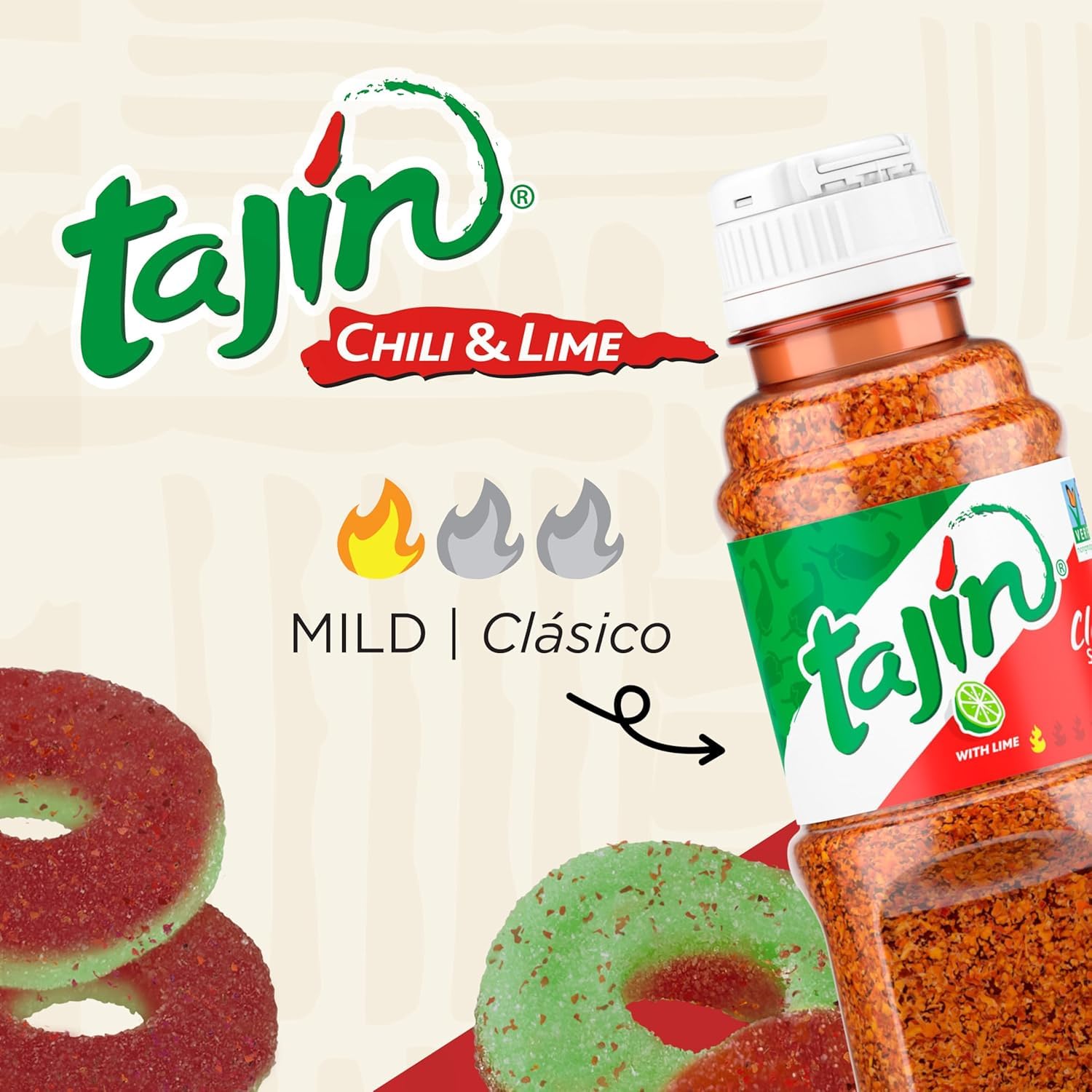 Snak Club Tajin Anillos de sandía, bocadillos de gomitas de chile y lima, sabor suave en calor, aperitivo sin gluten, 2.25 onzas, (paquete de 12)