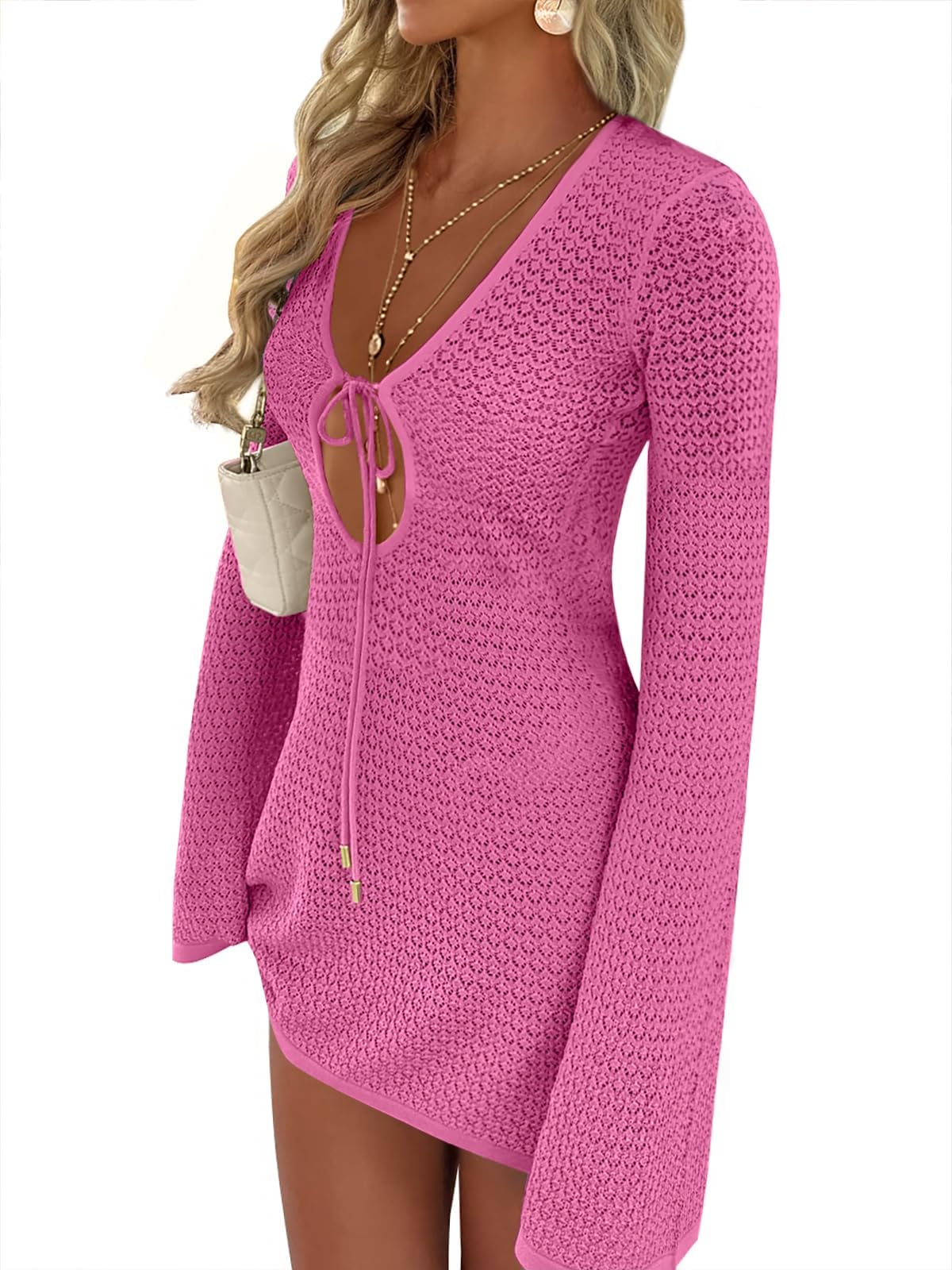 ANRABESS Swimsuit Cover Up for Women Crochet Bathing Suit 2026 Summer Swimwear V Neck Mesh Knit Dress Beach Vacation Clothes