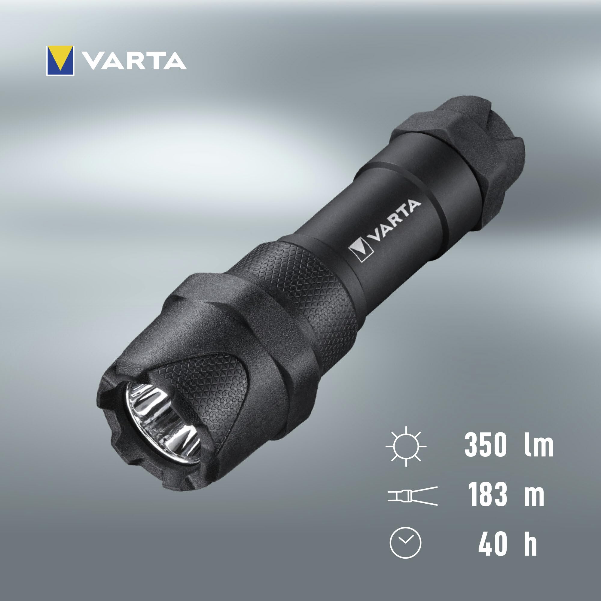 VARTA Indestructible F10 Pro 3,5 Vatios LED Linterna/Linterna de trabajo, incluye 3 pilas AAA de larga duración, resistente al agua y al polvo, absorbe impactos, carcasa de aluminio anodizado, negro