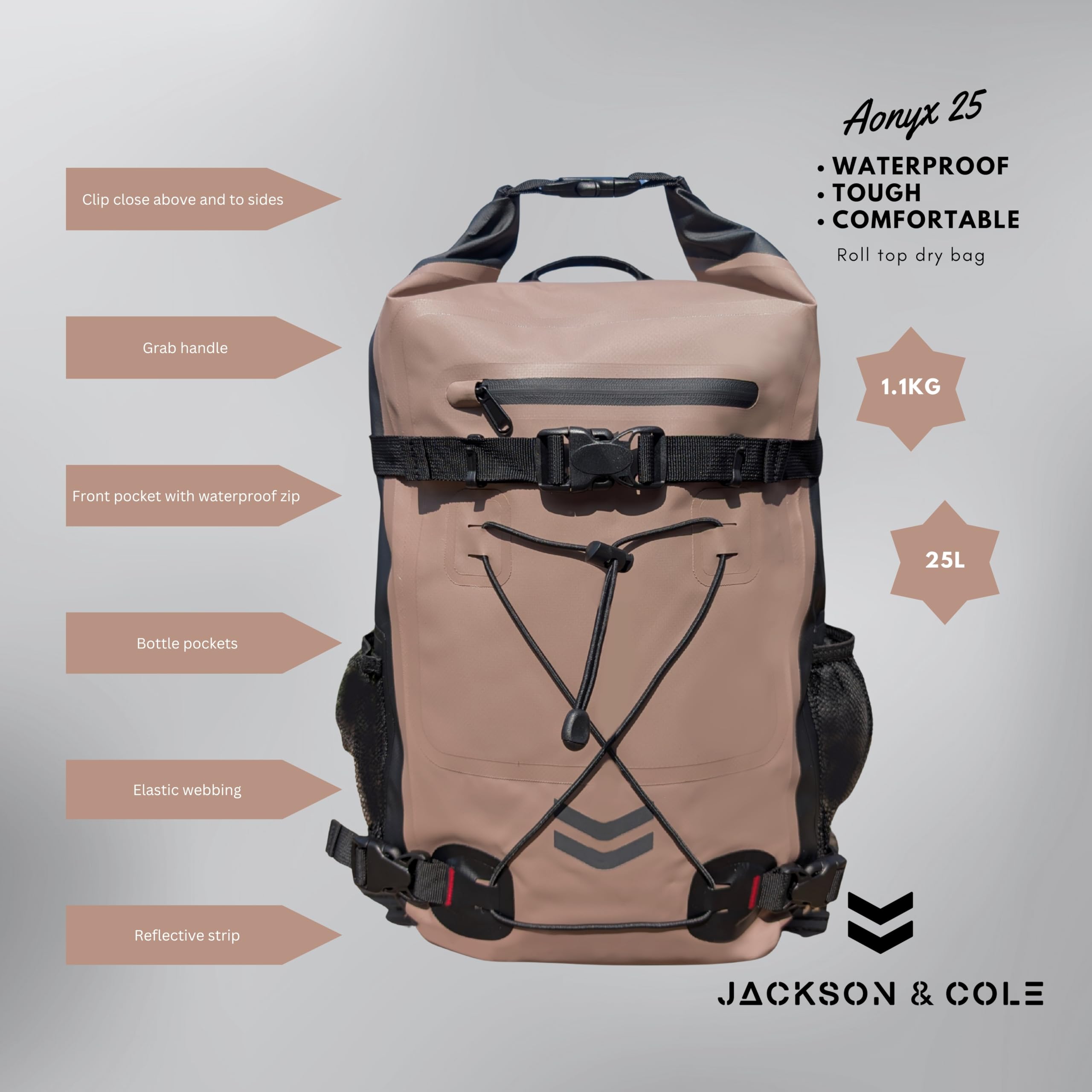 Jackson & Cole Zaino impermeabile – 25L Dry Bag Zaino – Rolltop, cuciture saldate, riflettente, cinghia elastica per sport acquatici, motociclismo, campeggio, kayak, escursionismo, canottaggio, pesca
