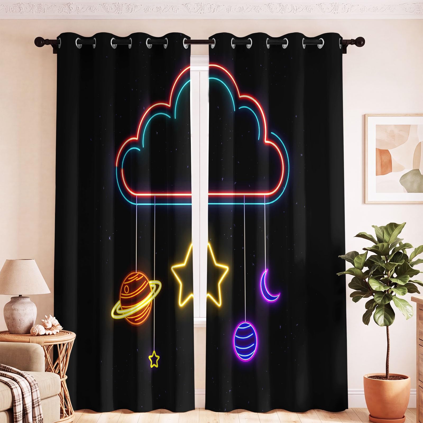 Générique Rideau Occultant Moderne Fantaisie Salon Moderne Thermique Isolant Anti Froid Polyester 2 Pièces 117 x 229 CM Rideaux De Fenêtre Espace Étoile Nuage pour Chambre Cuisine Décoration