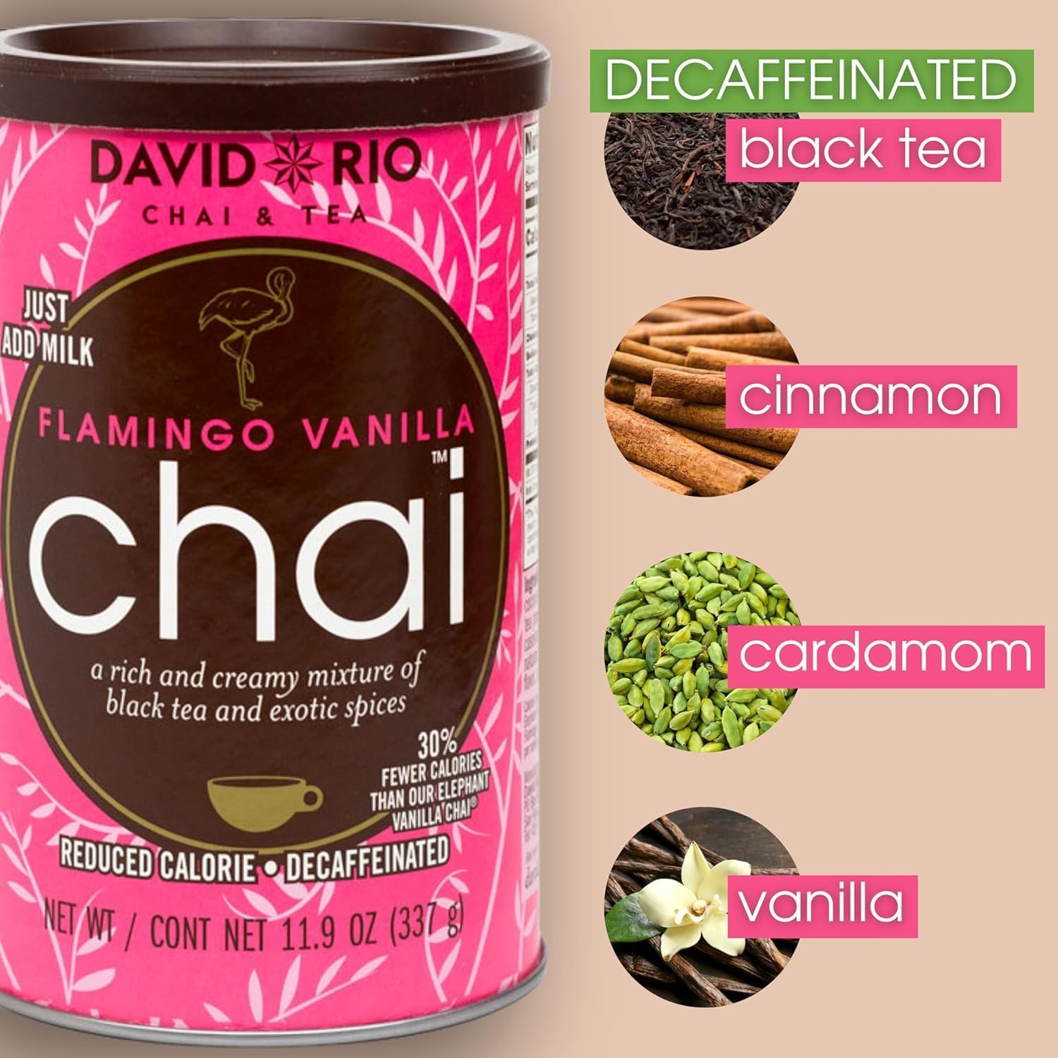 DAVID RIO Chai Flamingo Vanilla™ Decaf Reduced Calorie (Etichetta Ita) 337g