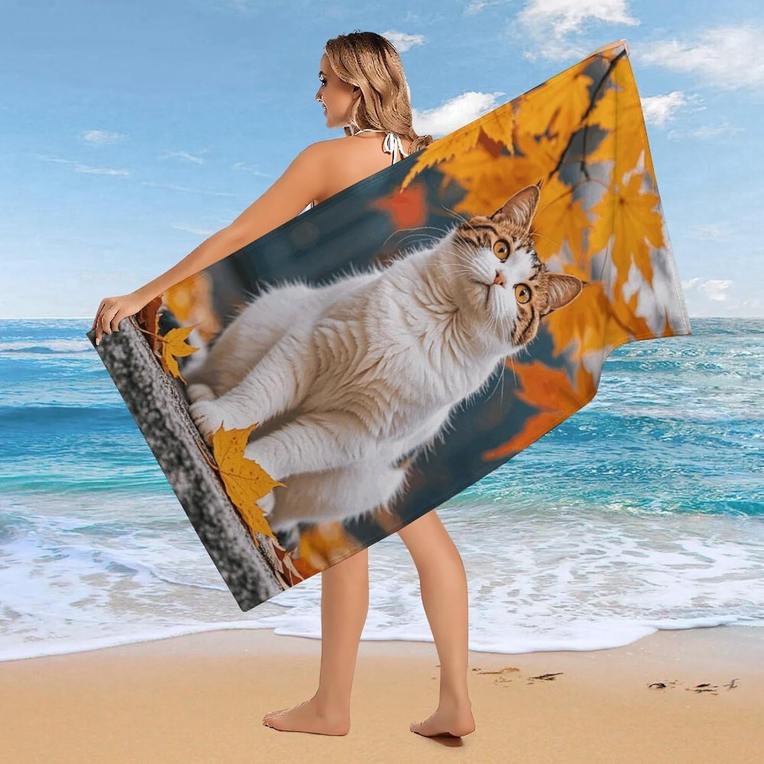 Autumn Cat Maple Leaf Oversized Beach Towel Set 31x 61 in image 4