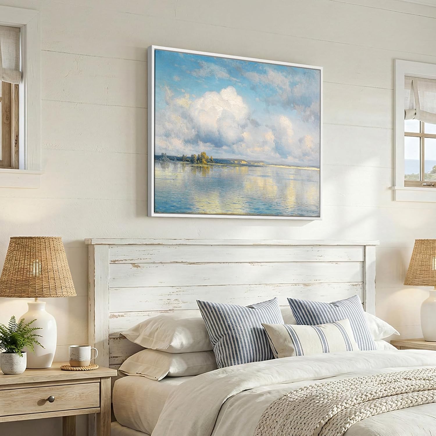 Large Framed Monet Lake Landscape Wall Art, Horizontal Impressionist Canvas Artwork for Walls, Blue Classic Prints Painting for Living Room Bedroom Farmhouse Wall Decor 32x24 Inch